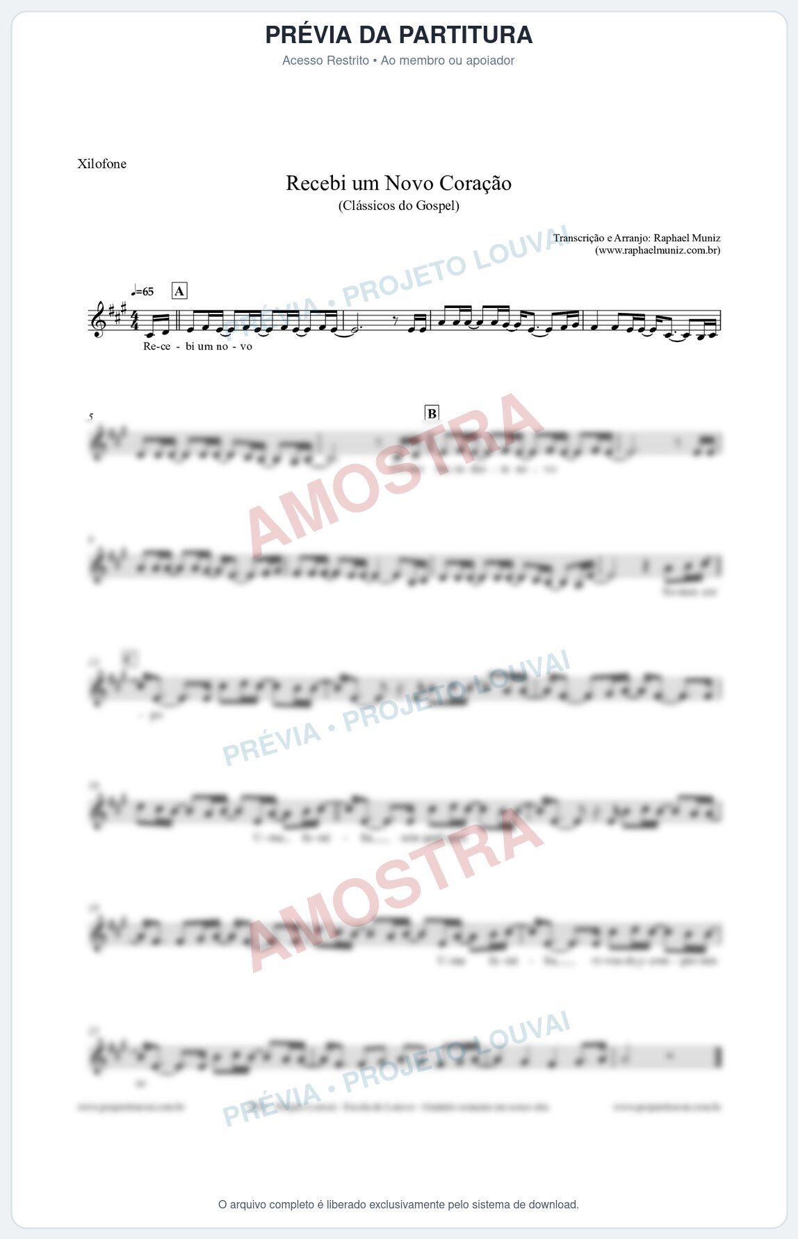 Prévia protegida da primeira página da partitura Partitura para Xilofone - Recebi um novo coração - Clássicos do Gospel