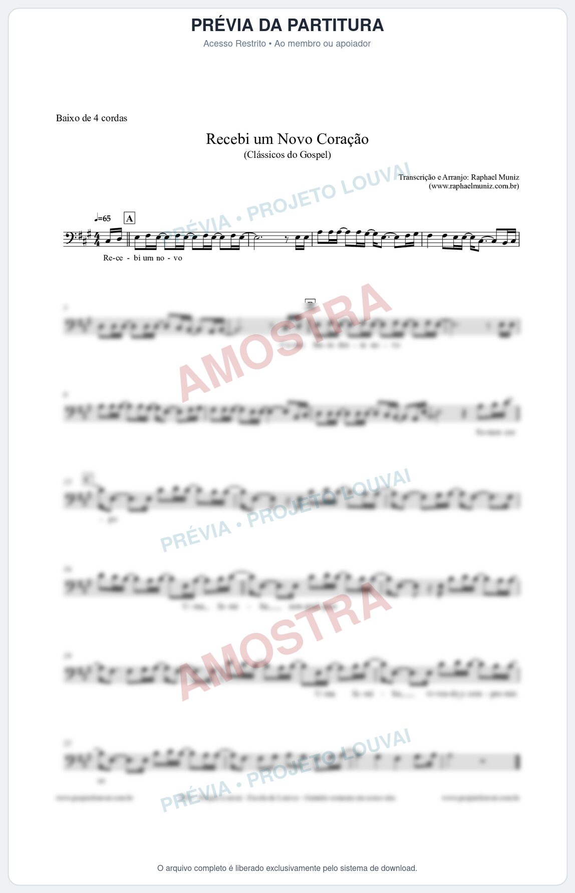 Prévia protegida da primeira página da partitura Partitura para Baixo de 4 cordas - Recebi um novo coração - Clássicos do Gospel