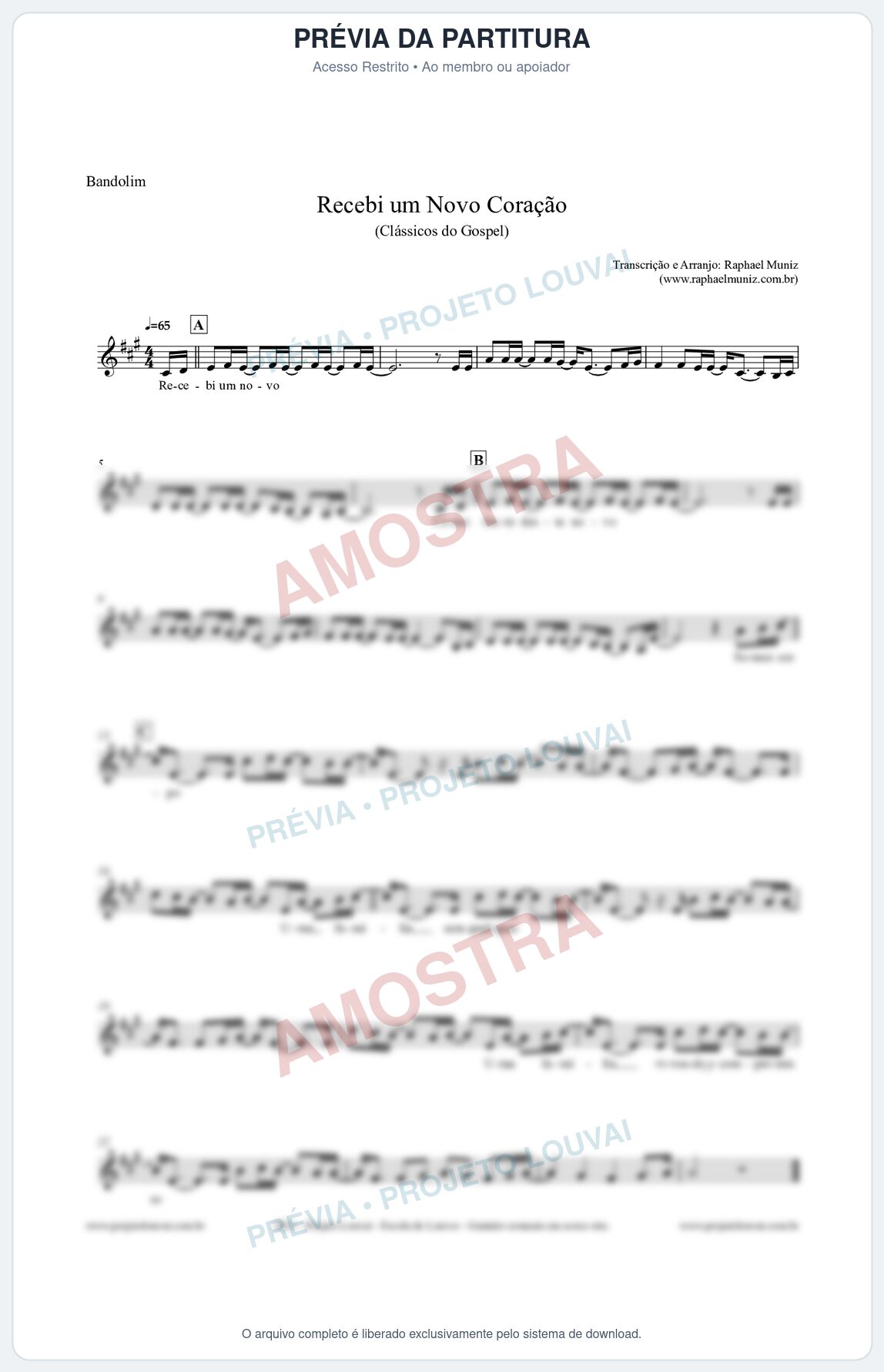 Prévia protegida da primeira página da partitura Partitura para Bandolim - Recebi um novo coração - Clássicos do Gospel