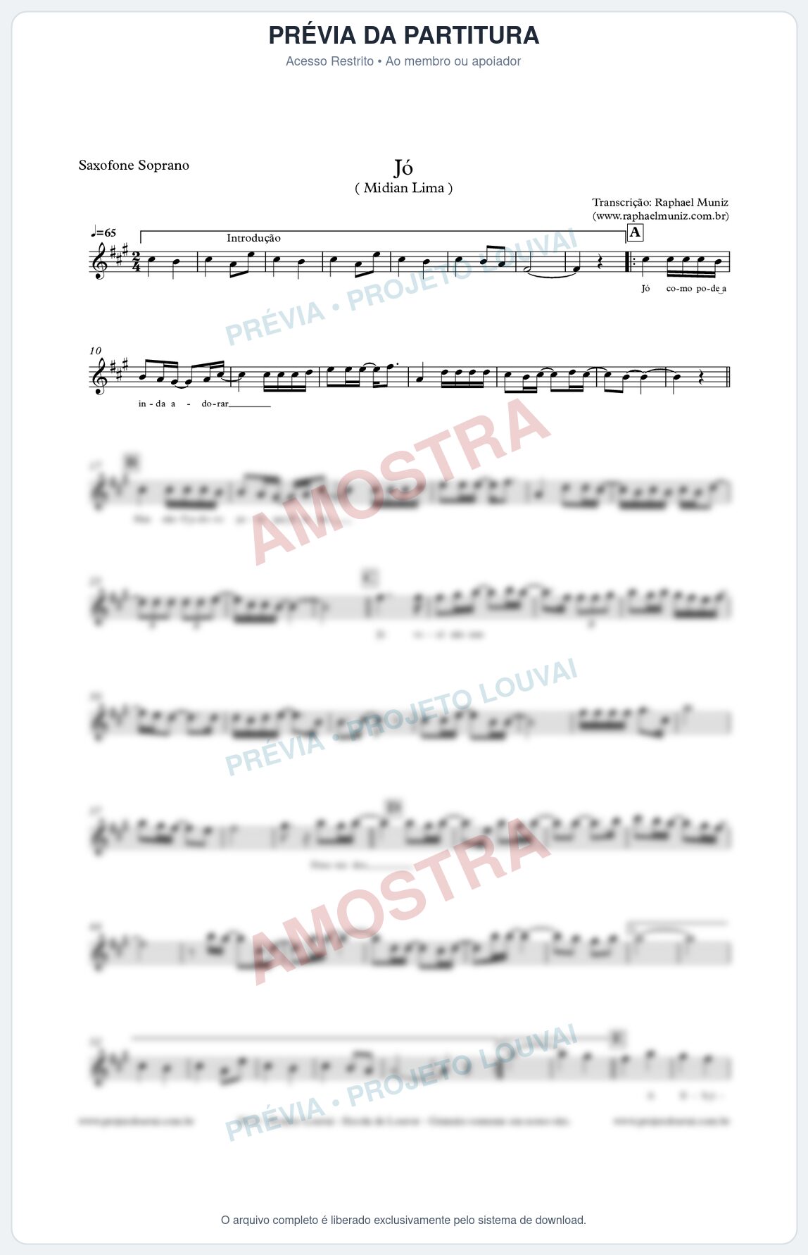 Prévia protegida da primeira página da partitura Partitura para Sax Soprano - Jó - Midian Lima