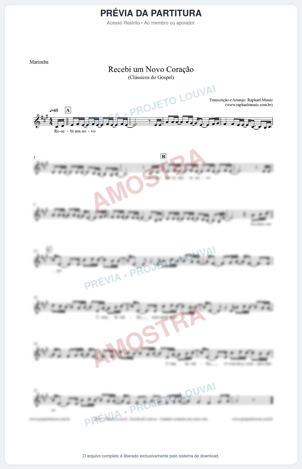 Prévia protegida da primeira página da partitura Partitura para Marimba - Recebi um novo coração - Clássicos do Gospel