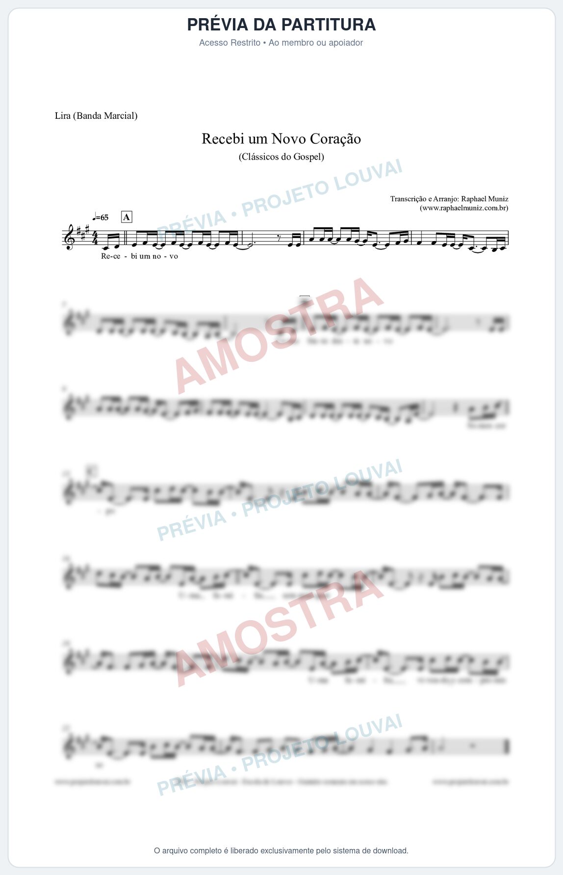 Prévia protegida da primeira página da partitura Partitura para Lira (Banda Marcial) - Recebi um novo coração - Clássicos do Gospel