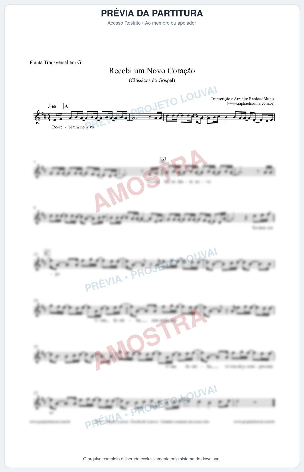 Prévia protegida da primeira página da partitura Partitura para Flauta Transversal em G - Recebi um novo coração - Clássicos do Gospel