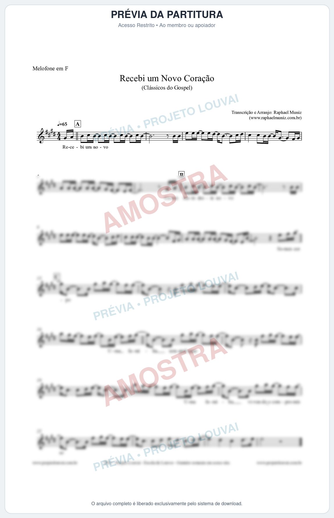 Prévia protegida da primeira página da partitura Partitura para Melofone em F - Recebi um novo coração - Clássicos do Gospel