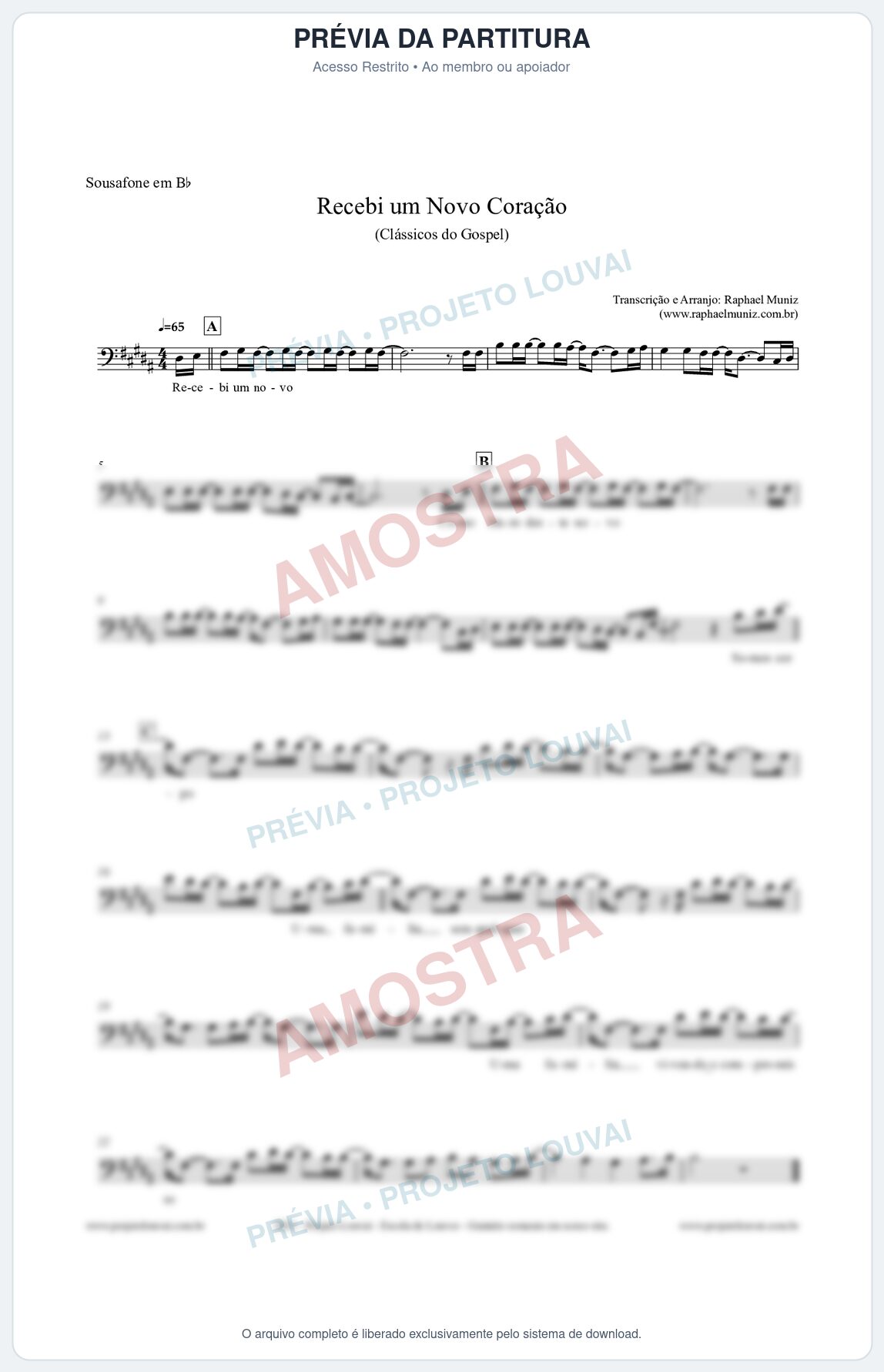 Prévia protegida da primeira página da partitura Partitura para Sousafone em Bb - Recebi um novo coração - Clássicos do Gospel