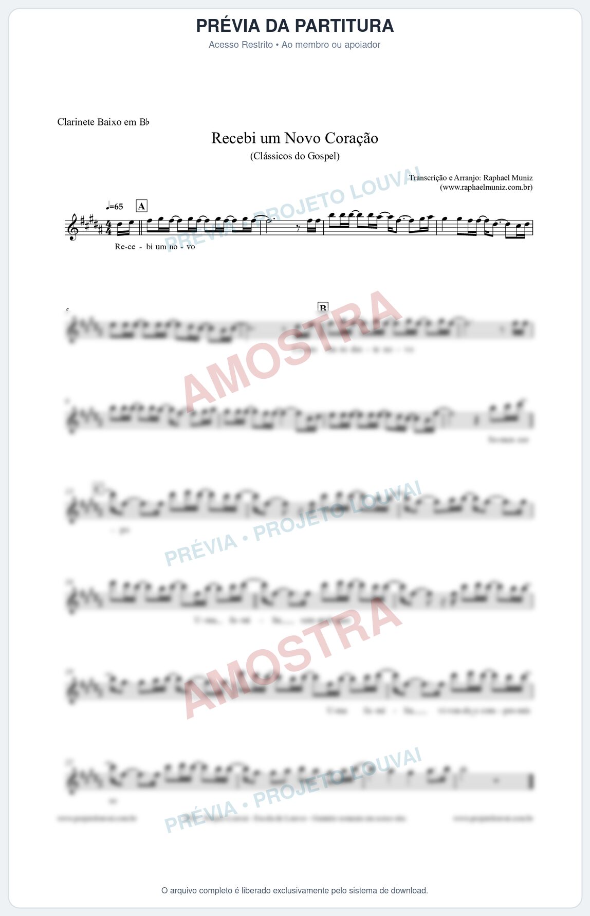 Prévia protegida da primeira página da partitura Partitura para Clarinete Baixo em Bb - Recebi um novo coração - Clássicos do Gospel