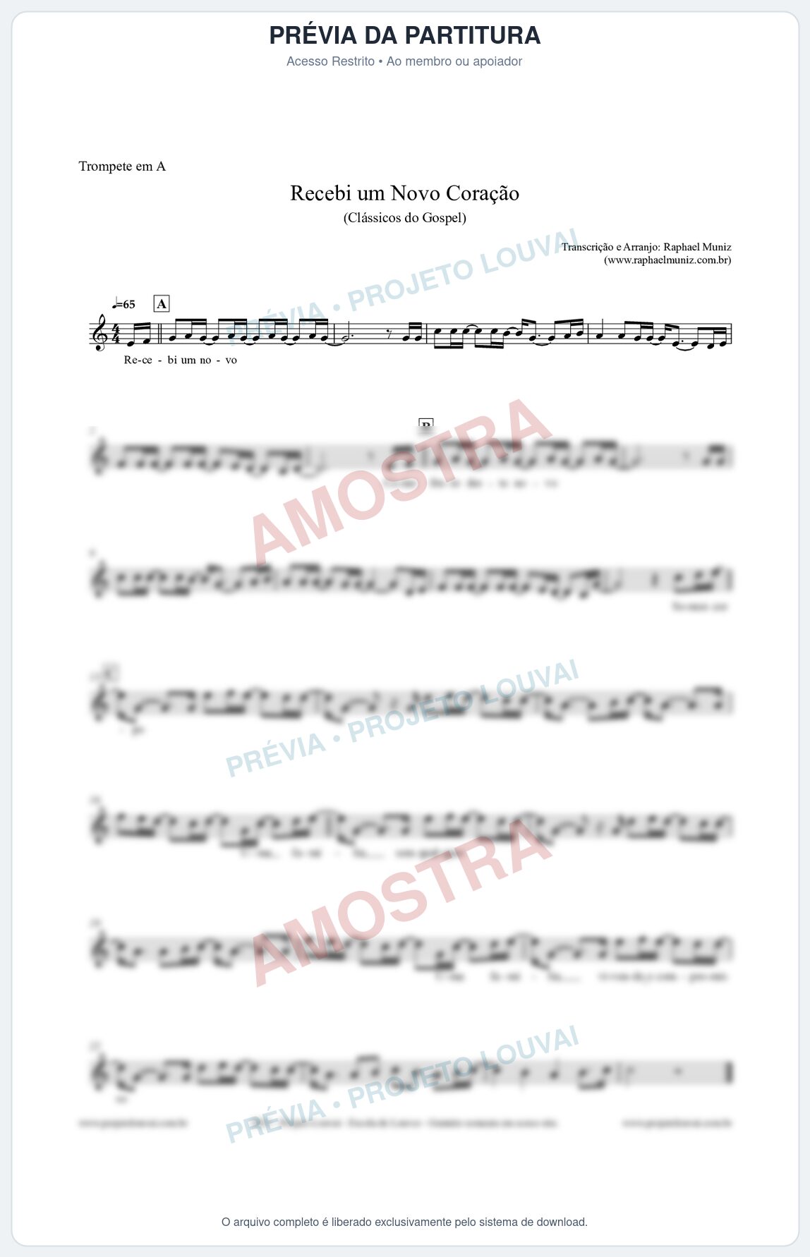 Prévia protegida da primeira página da partitura Partitura para Trompete em A - Recebi um novo coração - Clássicos do Gospel