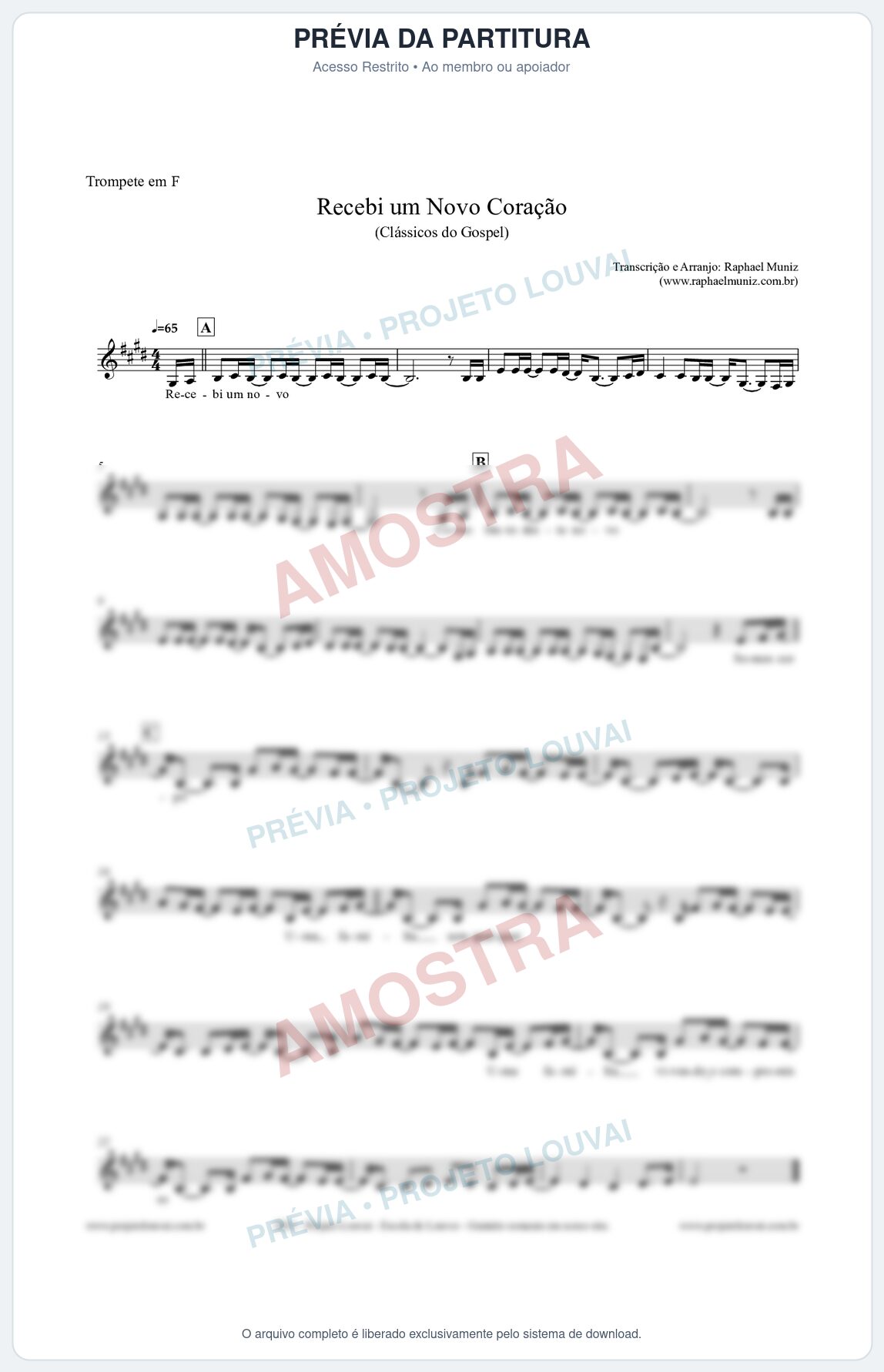 Prévia protegida da primeira página da partitura Partitura para Trompete em F - Recebi um novo coração - Clássicos do Gospel