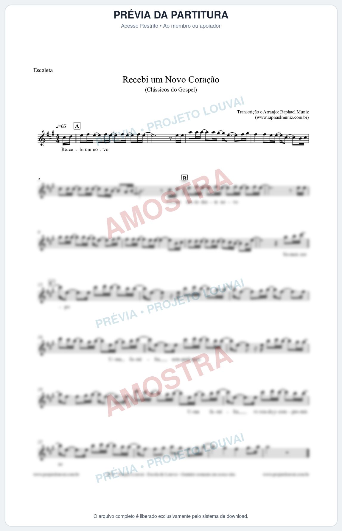 Prévia protegida da primeira página da partitura Partitura para Escaleta - Recebi um novo coração - Clássicos do Gospel