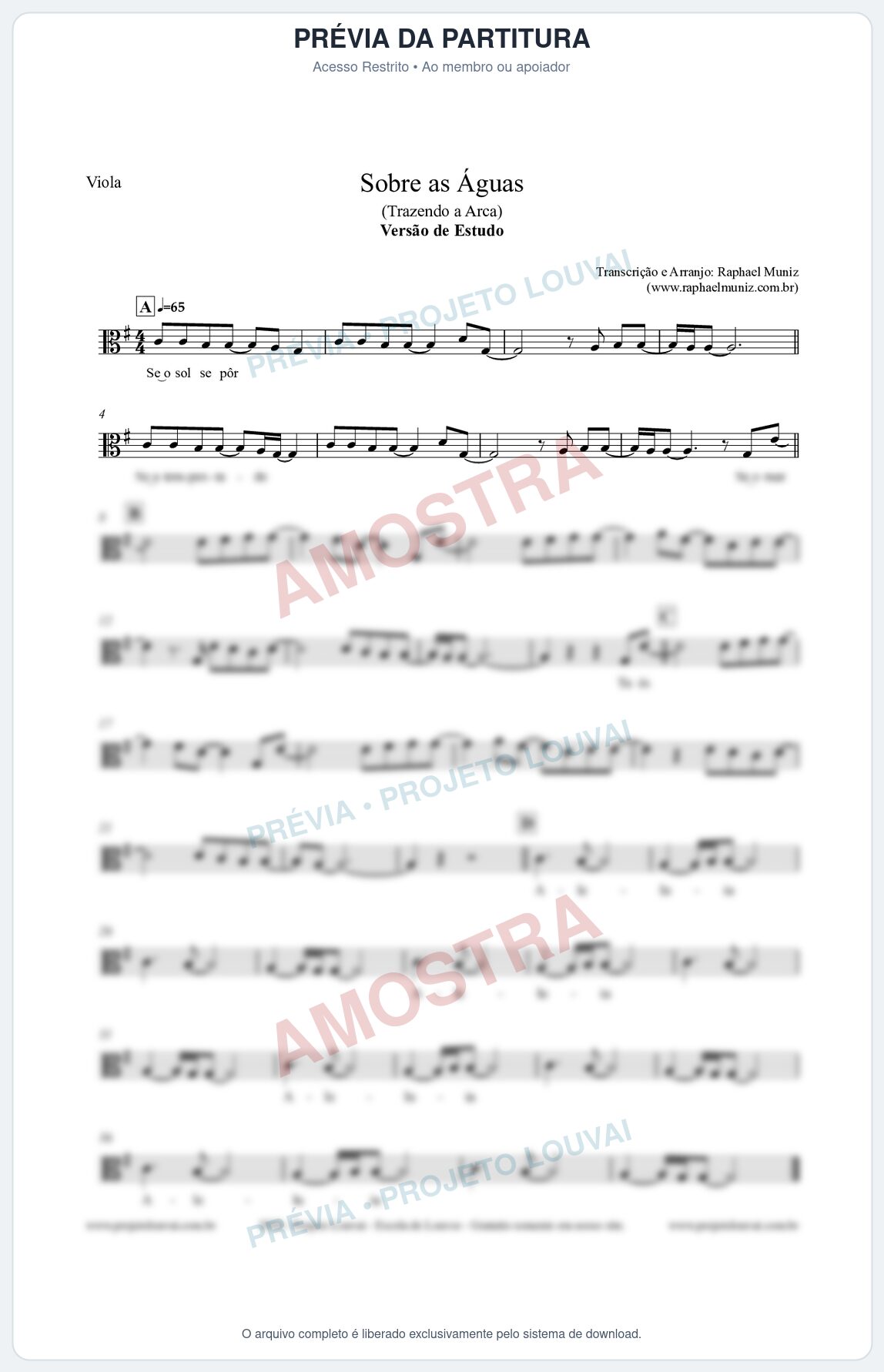 Prévia protegida da primeira página da partitura Partitura para Viola - Sobre as Águas (Versão de Estudo) - Trazendo a Arca