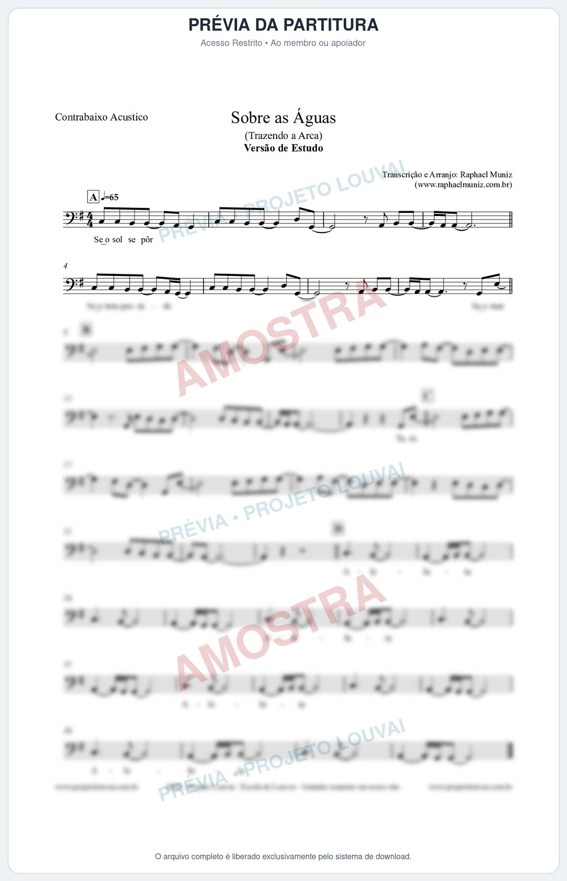 Prévia protegida da primeira página da partitura Partitura para Contrabaixo Acústico - Sobre as Águas (Versão de Estudo) - Trazendo a Arca