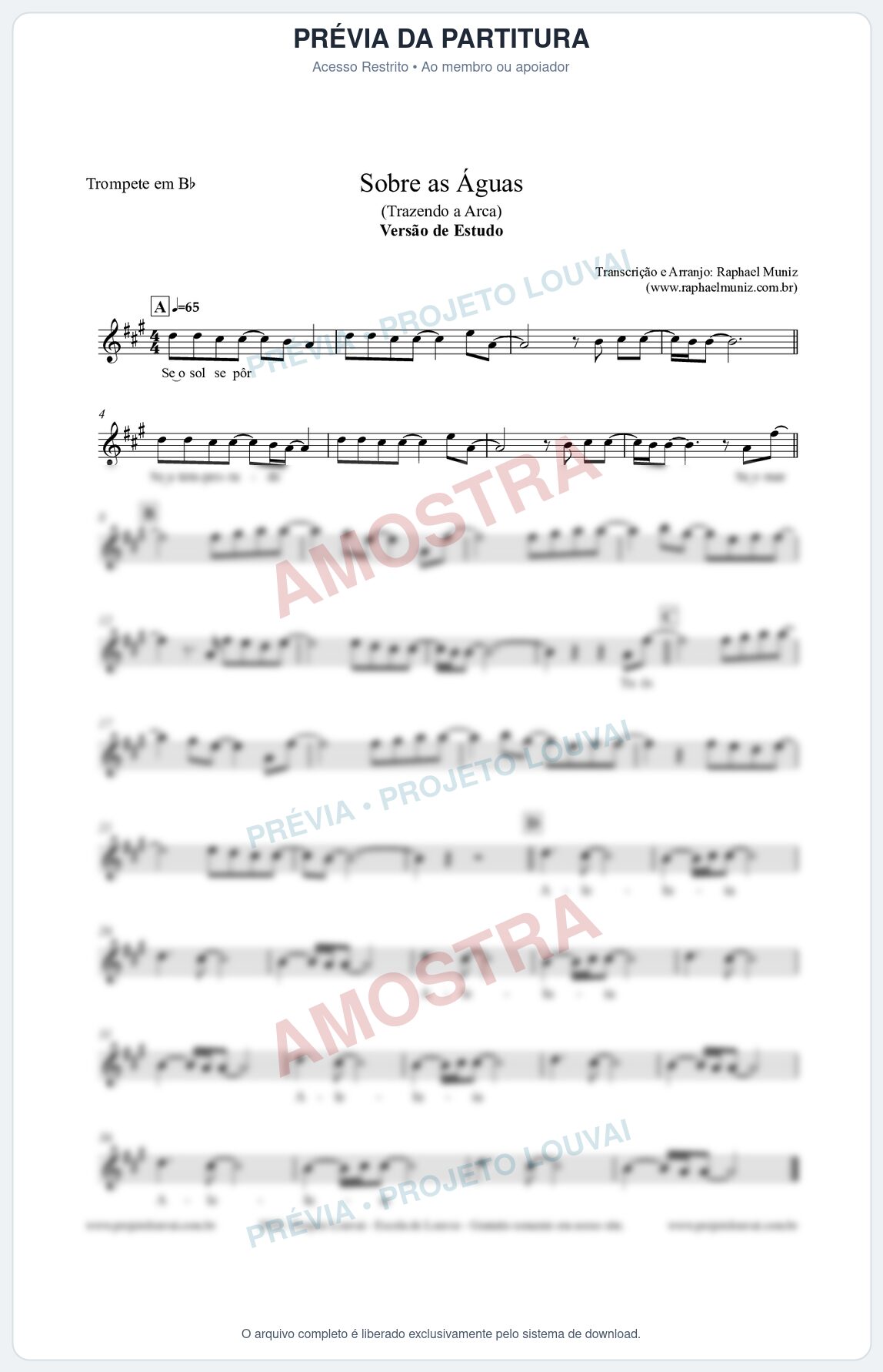 Prévia protegida da primeira página da partitura Partitura para Trompete em Bb - Sobre as Águas (Versão de Estudo) - Trazendo a Arca
