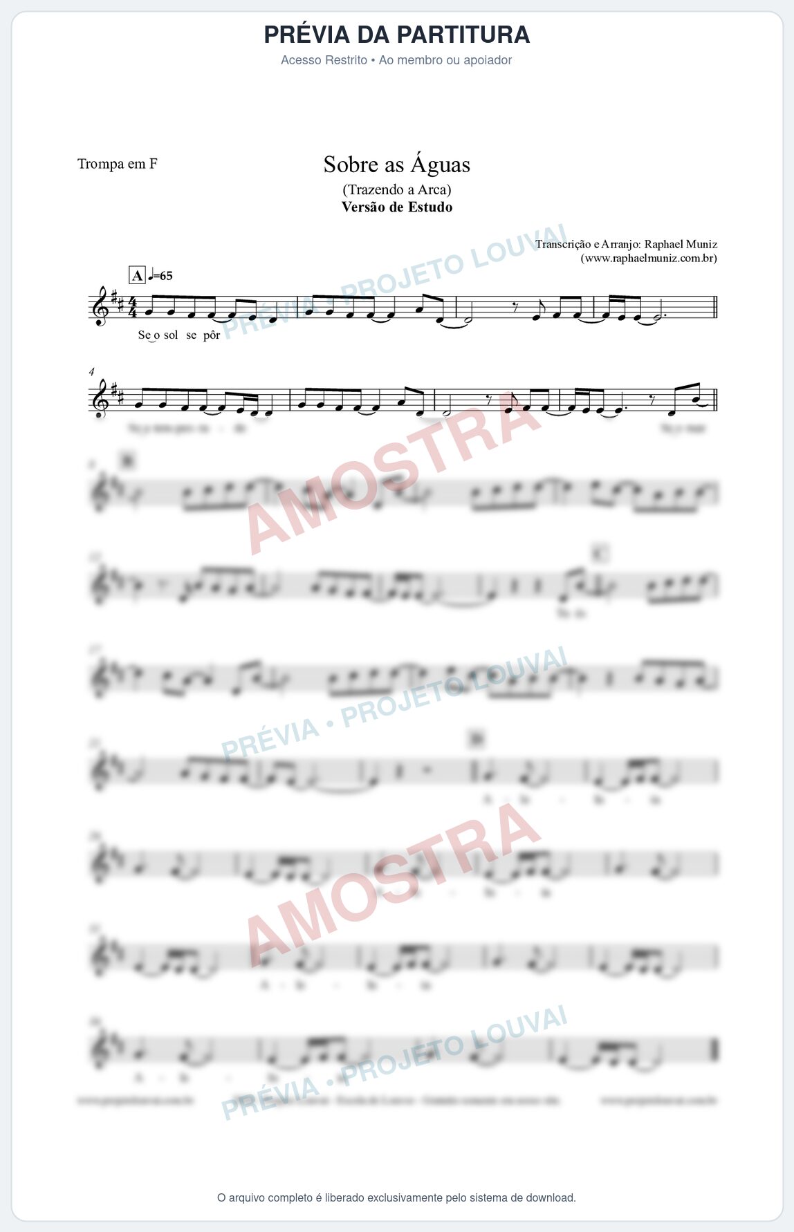 Prévia protegida da primeira página da partitura Partitura para Trompa em F - Sobre as Águas (Versão de Estudo) - Trazendo a Arca