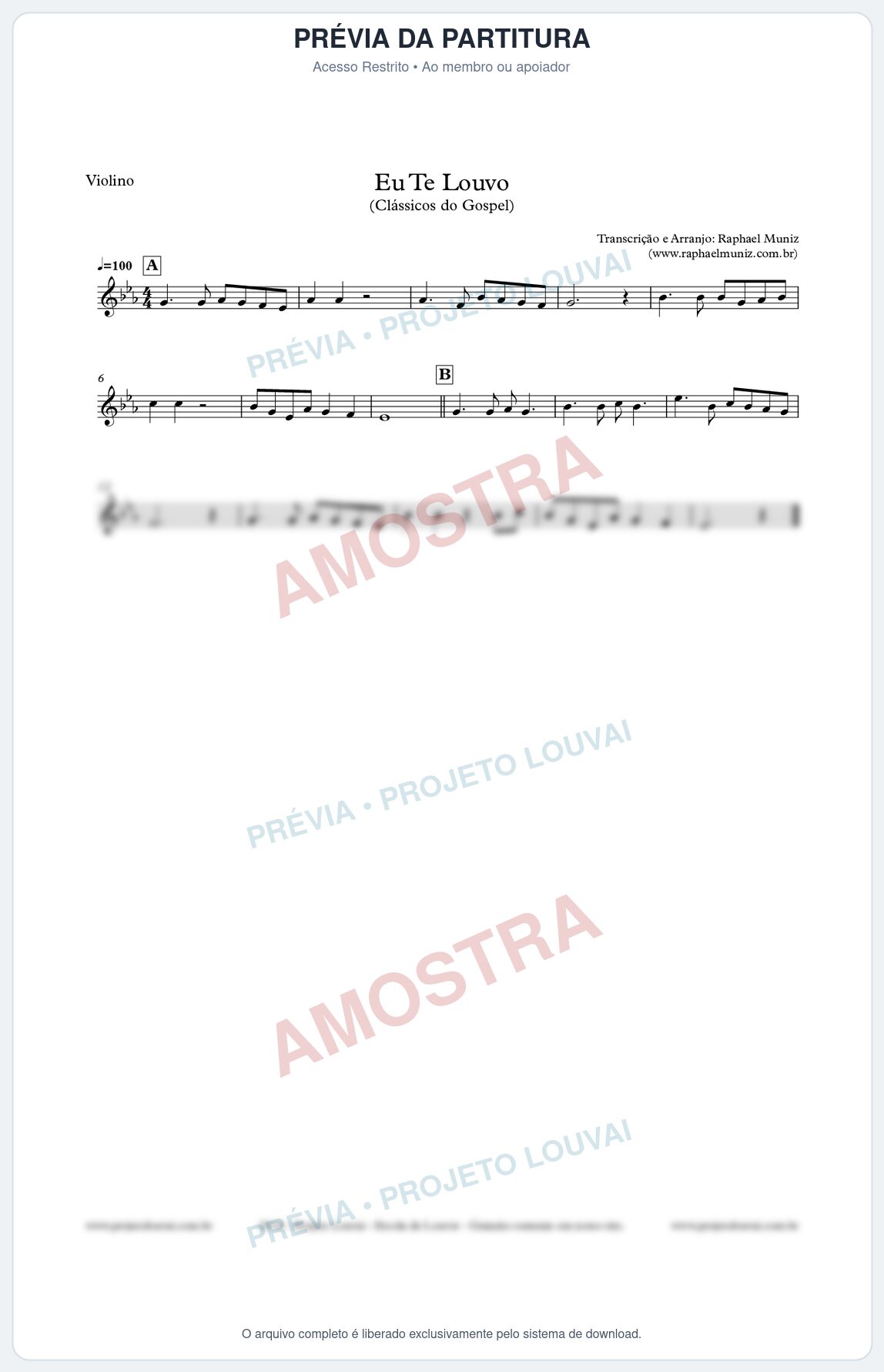 Prévia protegida da primeira página da partitura Partitura para Violino - Eu Te Louvo - Harpa Cristã nº10 - Clássicos do Gospel