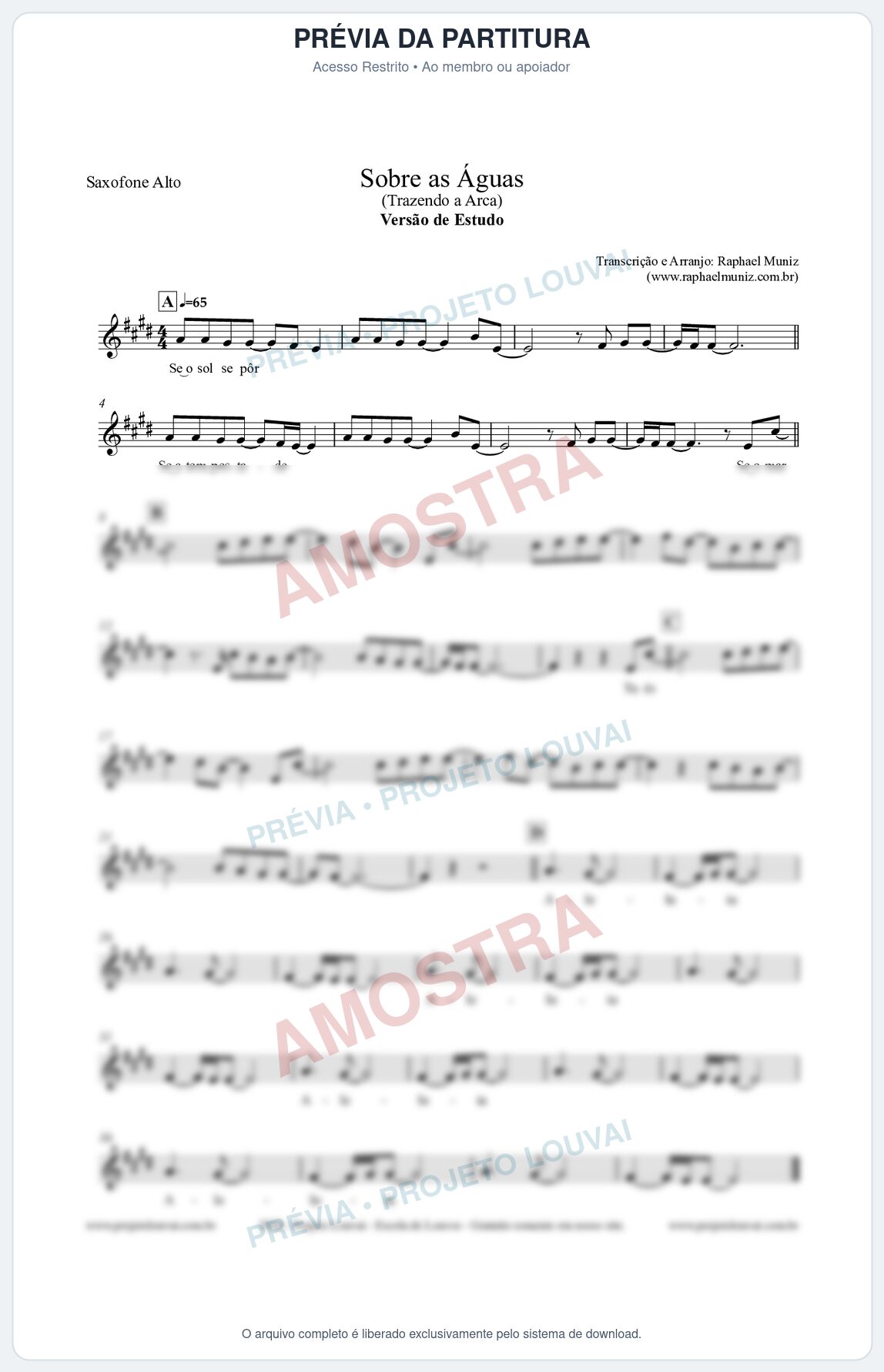 Prévia protegida da primeira página da partitura Partitura para Saxofone Alto - Sobre as Águas (Versão de Estudo) - Trazendo a Arca