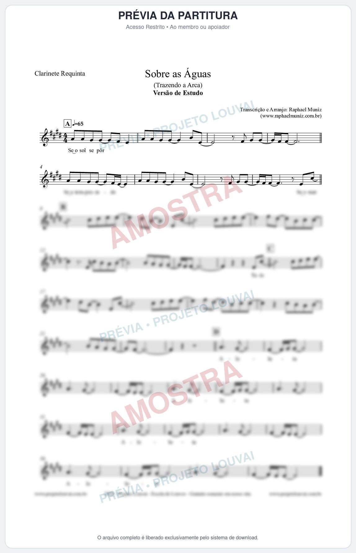 Prévia protegida da primeira página da partitura Partitura para Clarinete Requinta - Sobre as Águas (Versão de Estudo) - Trazendo a Arca