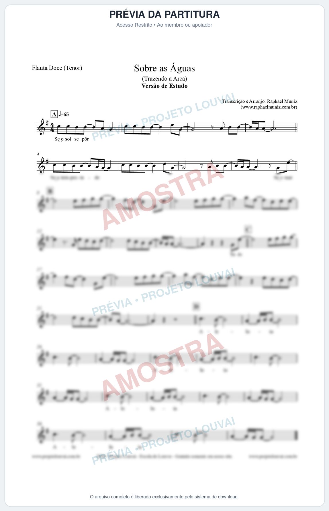 Prévia protegida da primeira página da partitura Partitura para Flauta Doce (Tenor) - Sobre as Águas (Versão de Estudo) - Trazendo a Arca