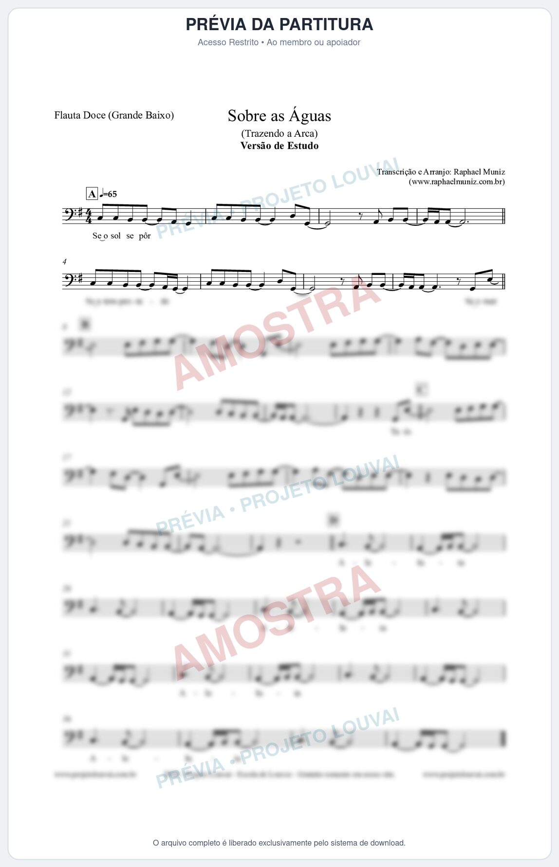 Prévia protegida da primeira página da partitura Partitura para Flauta Doce (Grande Baixo) - Sobre as Águas (Versão de Estudo) - Trazendo a Arca