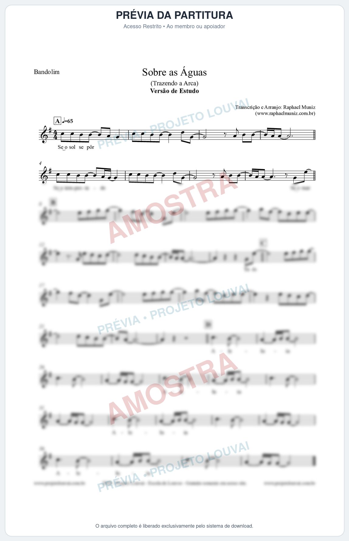Prévia protegida da primeira página da partitura Partitura para Bandolim - Sobre as Águas (Versão de Estudo) - Trazendo a Arca