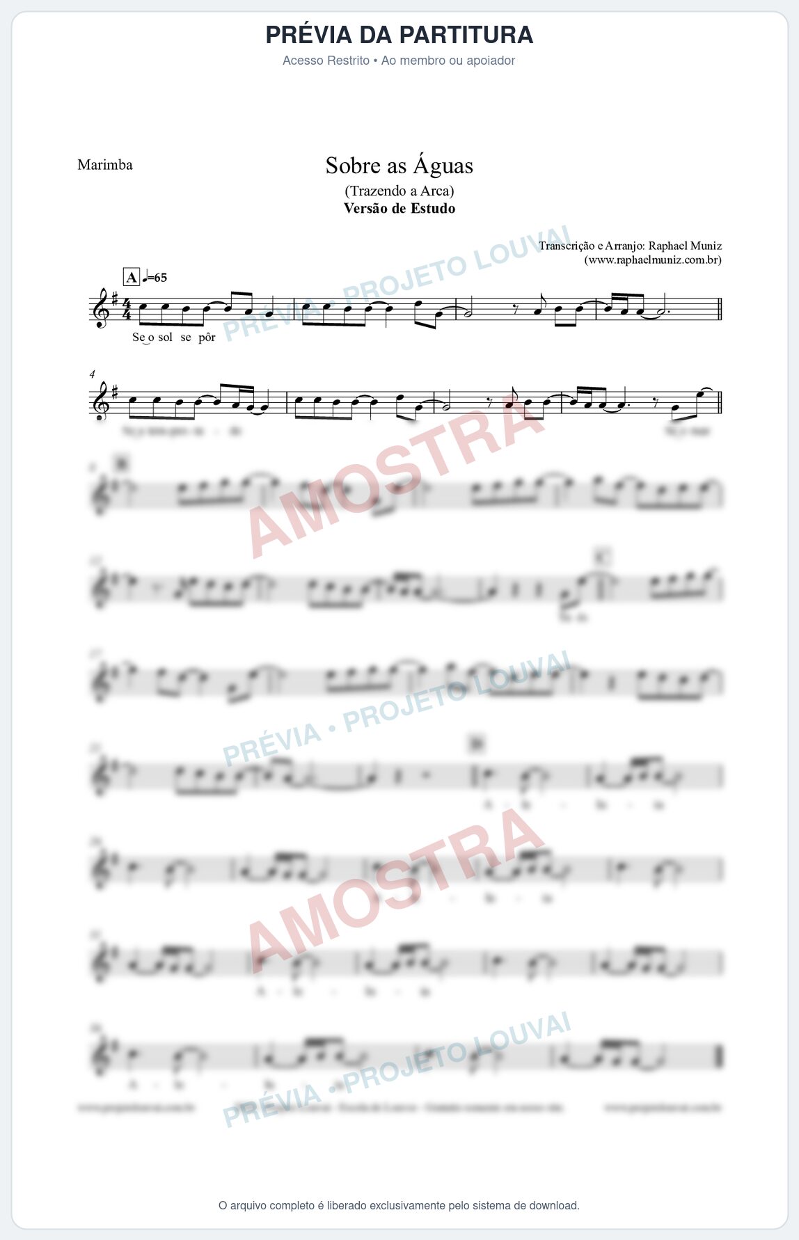 Prévia protegida da primeira página da partitura Partitura para Marimba - Sobre as Águas (Versão de Estudo) - Trazendo a Arca