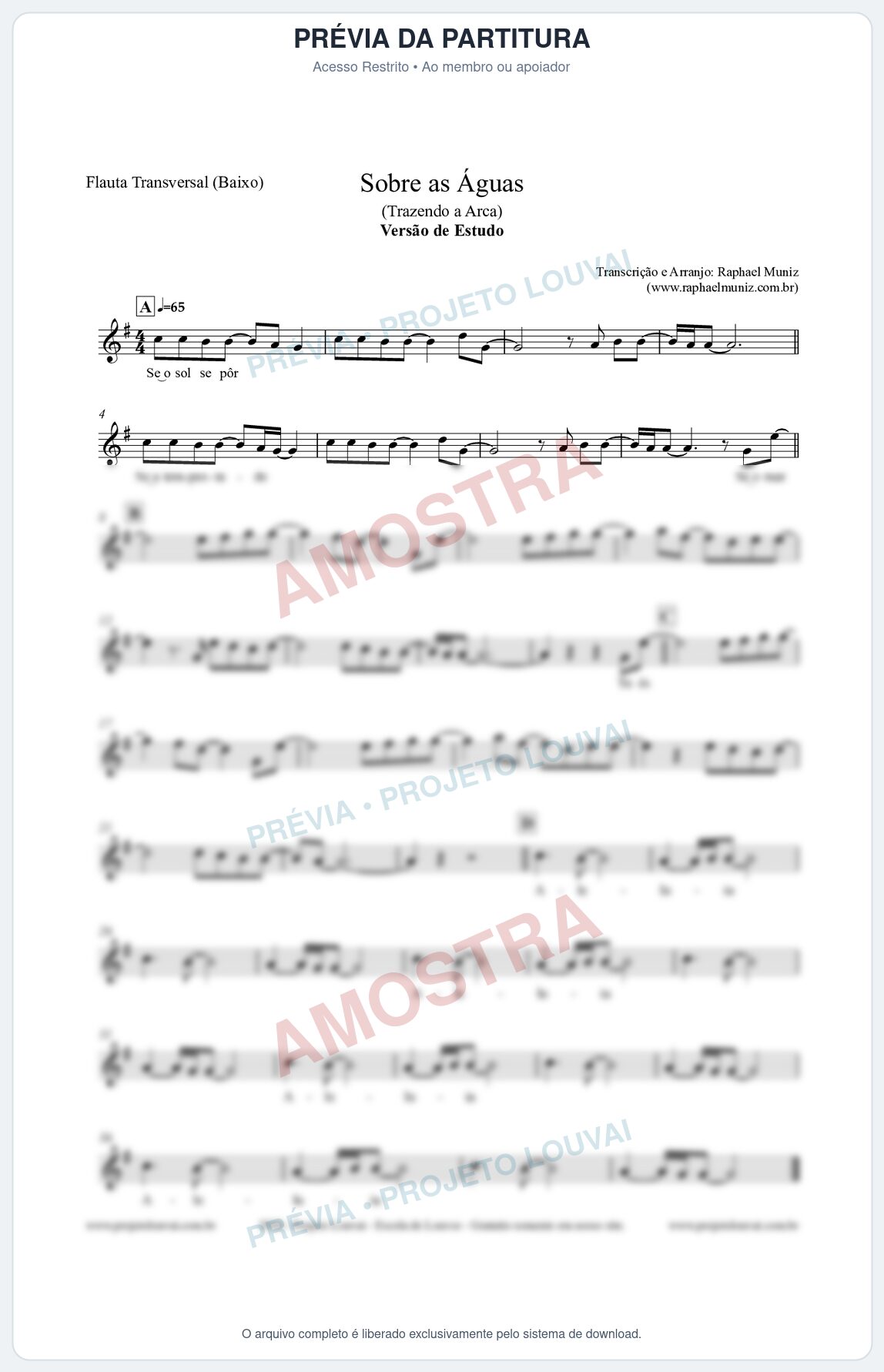 Prévia protegida da primeira página da partitura Partitura para Flauta Transversal (Baixo) - Sobre as Águas (Versão de Estudo) - Trazendo a Arca