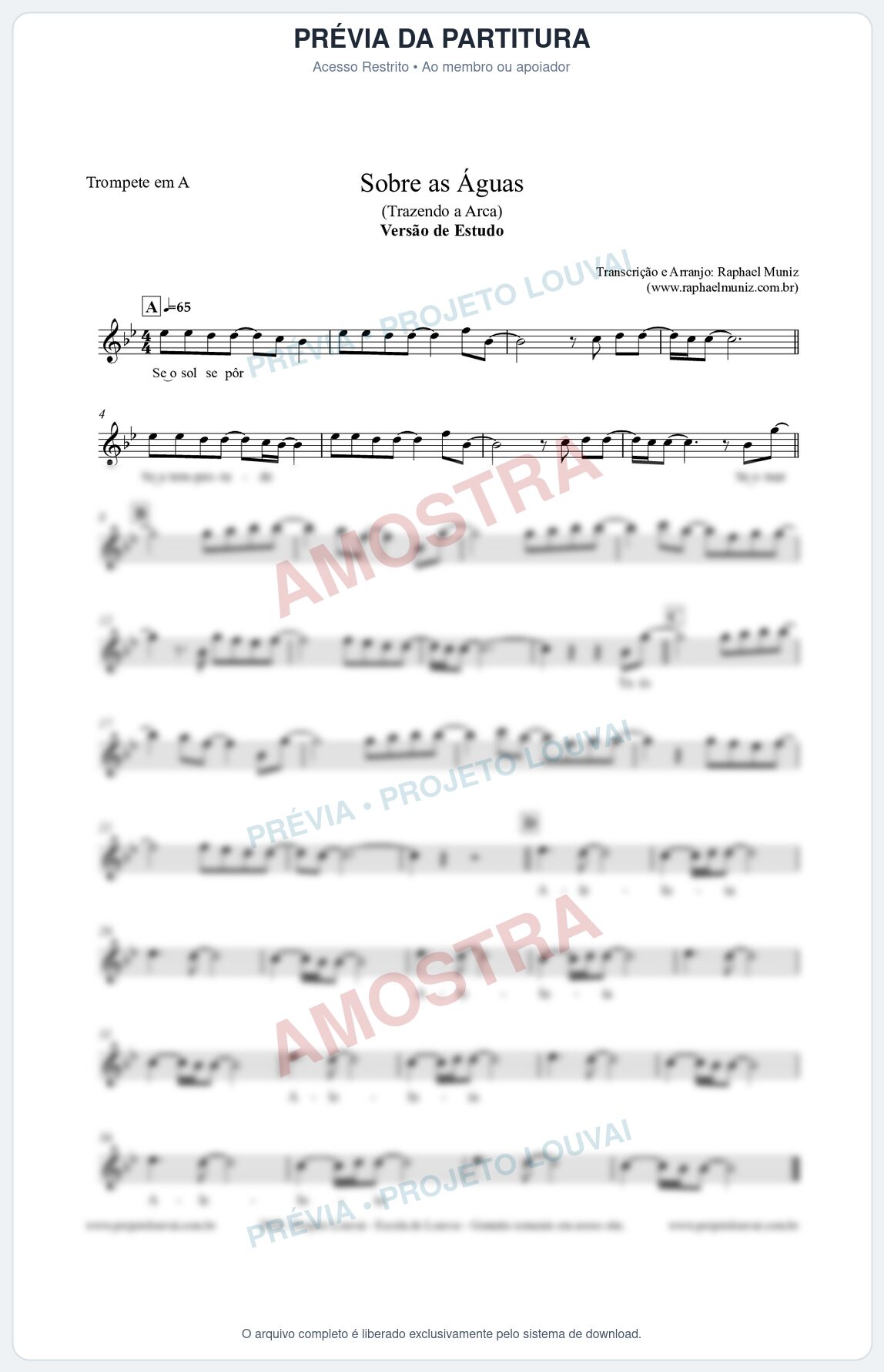 Prévia protegida da primeira página da partitura Partitura para Trompete em A - Sobre as Águas (Versão de Estudo) - Trazendo a Arca