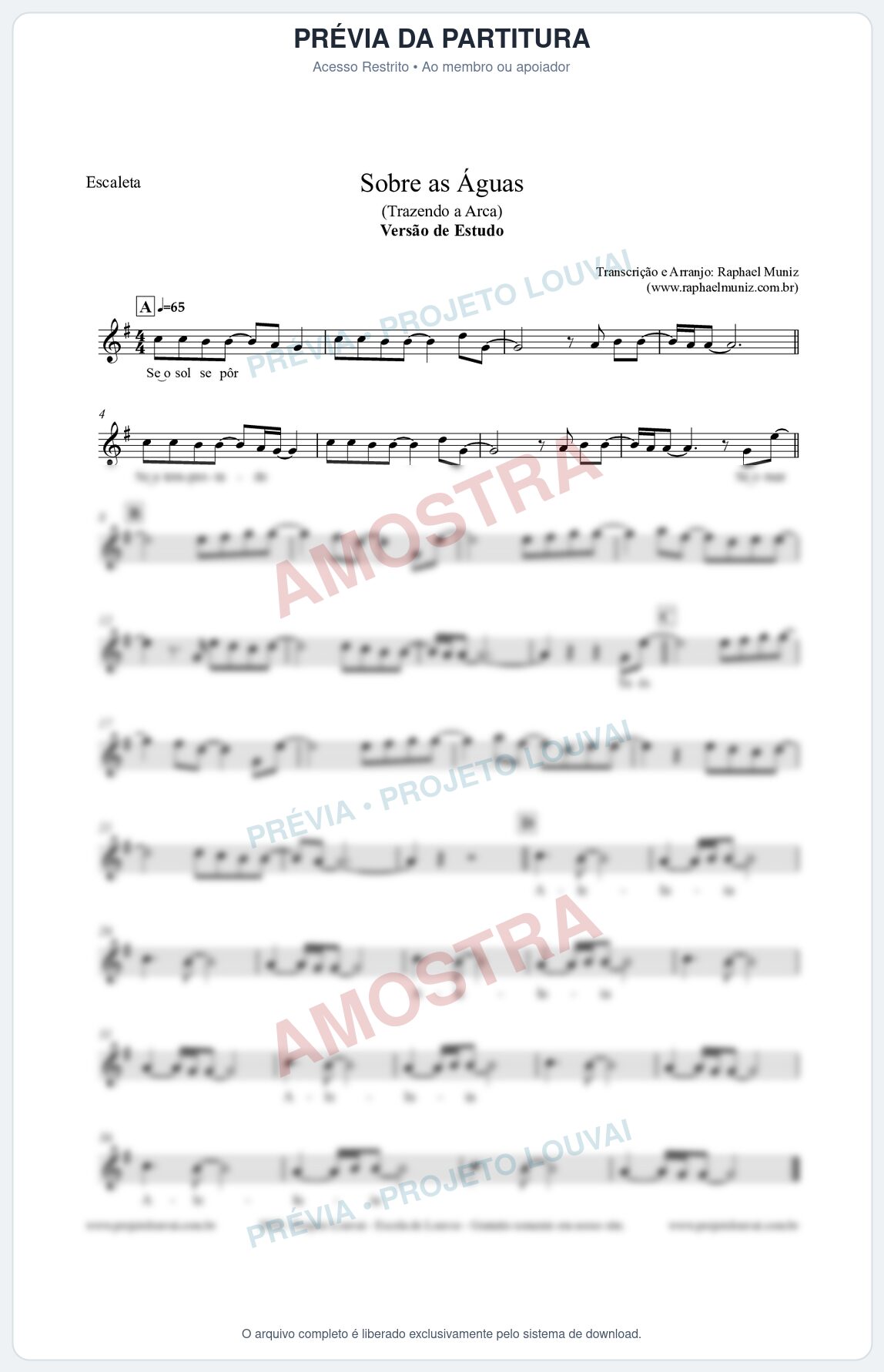 Prévia protegida da primeira página da partitura Partitura para Escaleta - Sobre as Águas (Versão de Estudo) - Trazendo a Arca