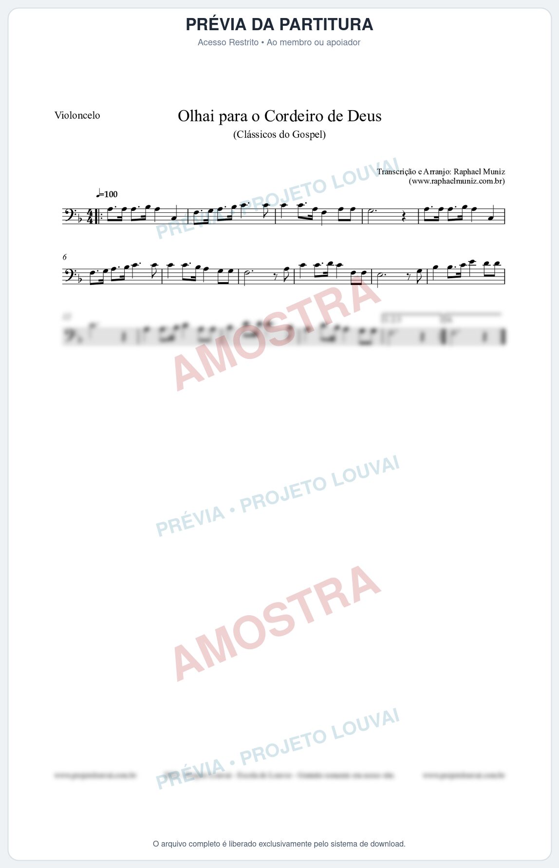 Prévia protegida da primeira página da partitura Partitura para Violoncelo - Olhai para o Cordeiro de Deus - Harpa Cristã nº20 - Clássicos do Gospel