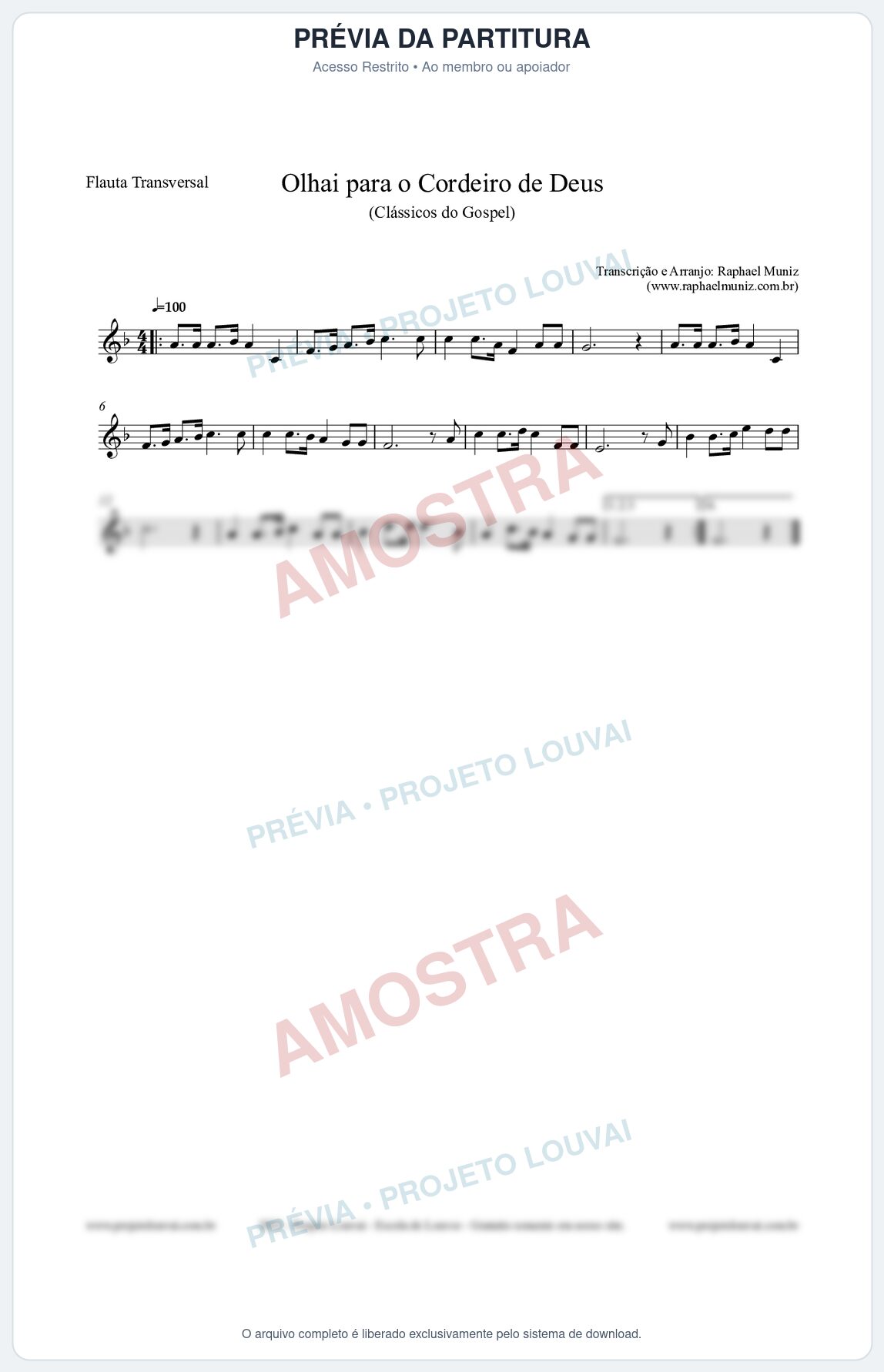 Prévia protegida da primeira página da partitura Partitura para Flauta Transversal - Olhai para o Cordeiro de Deus - Harpa Cristã nº20 - Clássicos do Gospel