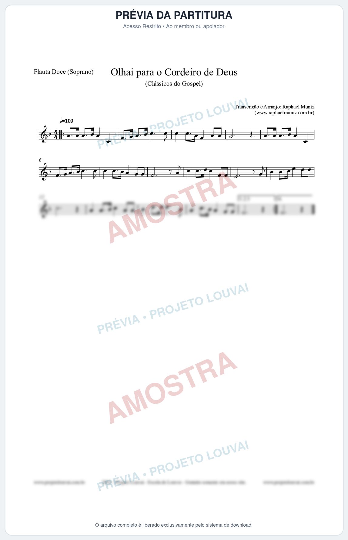 Prévia protegida da primeira página da partitura Partitura para Flauta Doce (Soprano) - Olhai para o Cordeiro de Deus - Harpa Cristã nº20 - Clássicos do Gospel