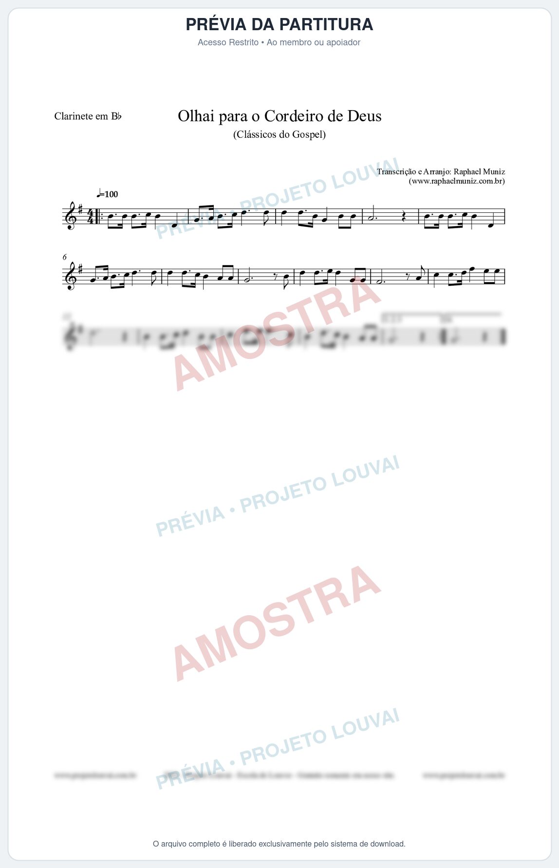 Prévia protegida da primeira página da partitura Partitura para Clarinete em Bb - Olhai para o Cordeiro de Deus - Harpa Cristã nº20 - Clássicos do Gospel