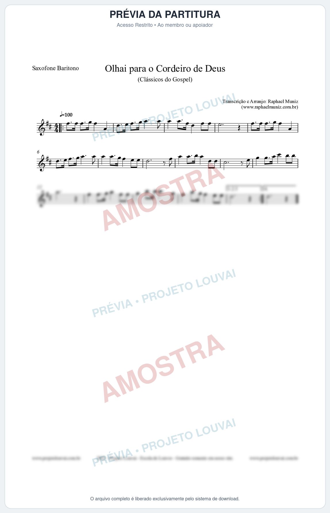 Prévia protegida da primeira página da partitura Partitura para Saxofone Barítono - Olhai para o Cordeiro de Deus - Harpa Cristã nº20 - Clássicos do Gospel