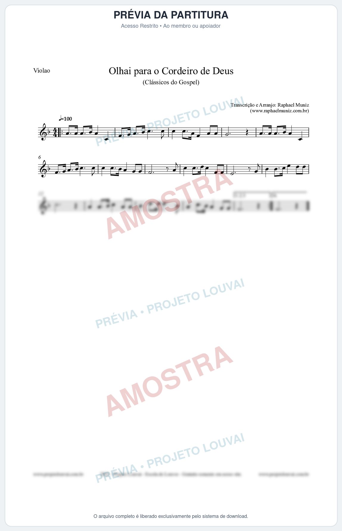 Prévia protegida da primeira página da partitura Partitura para Violão - Olhai para o Cordeiro de Deus - Harpa Cristã nº20 - Clássicos do Gospel