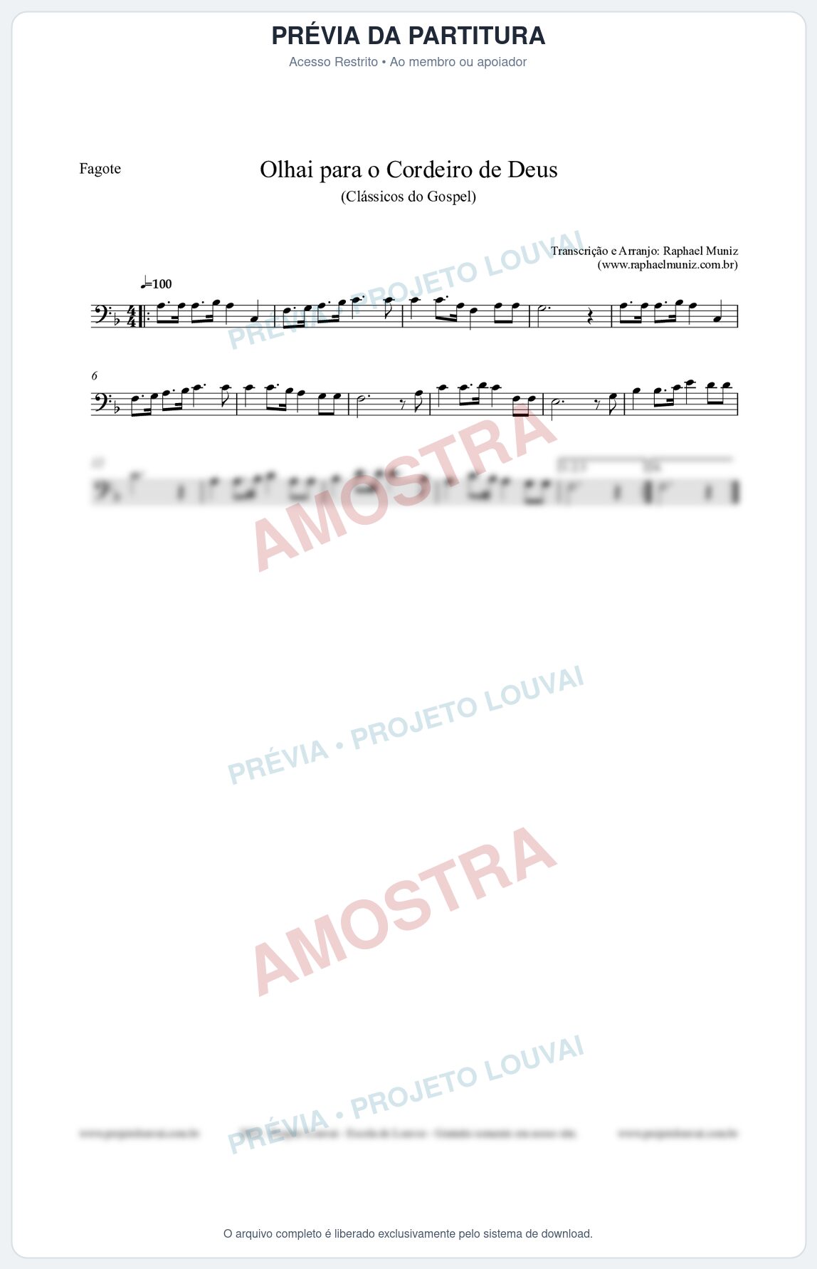 Prévia protegida da primeira página da partitura Partitura para Fagote - Olhai para o Cordeiro de Deus - Harpa Cristã nº20 - Clássicos do Gospel