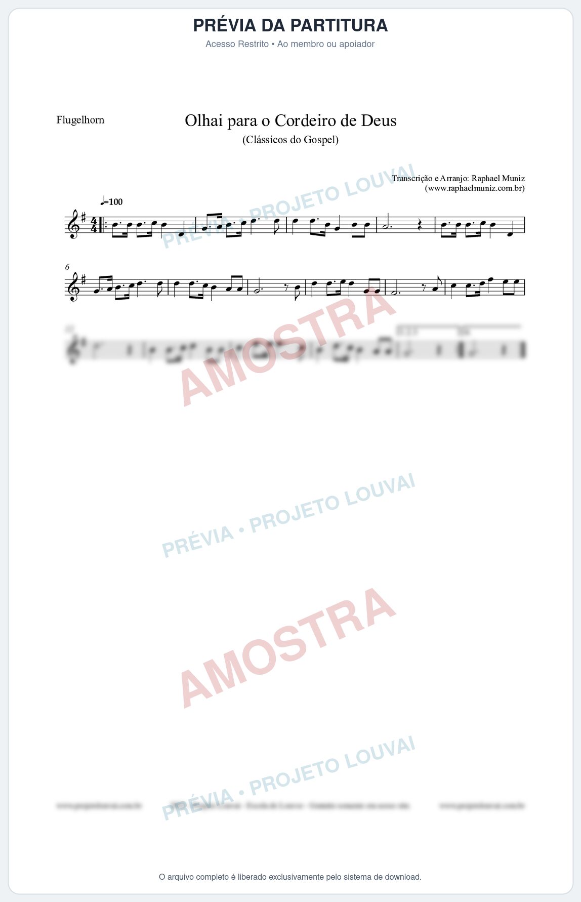 Prévia protegida da primeira página da partitura Partitura para Flugelhorn - Olhai para o Cordeiro de Deus - Harpa Cristã nº20 - Clássicos do Gospel