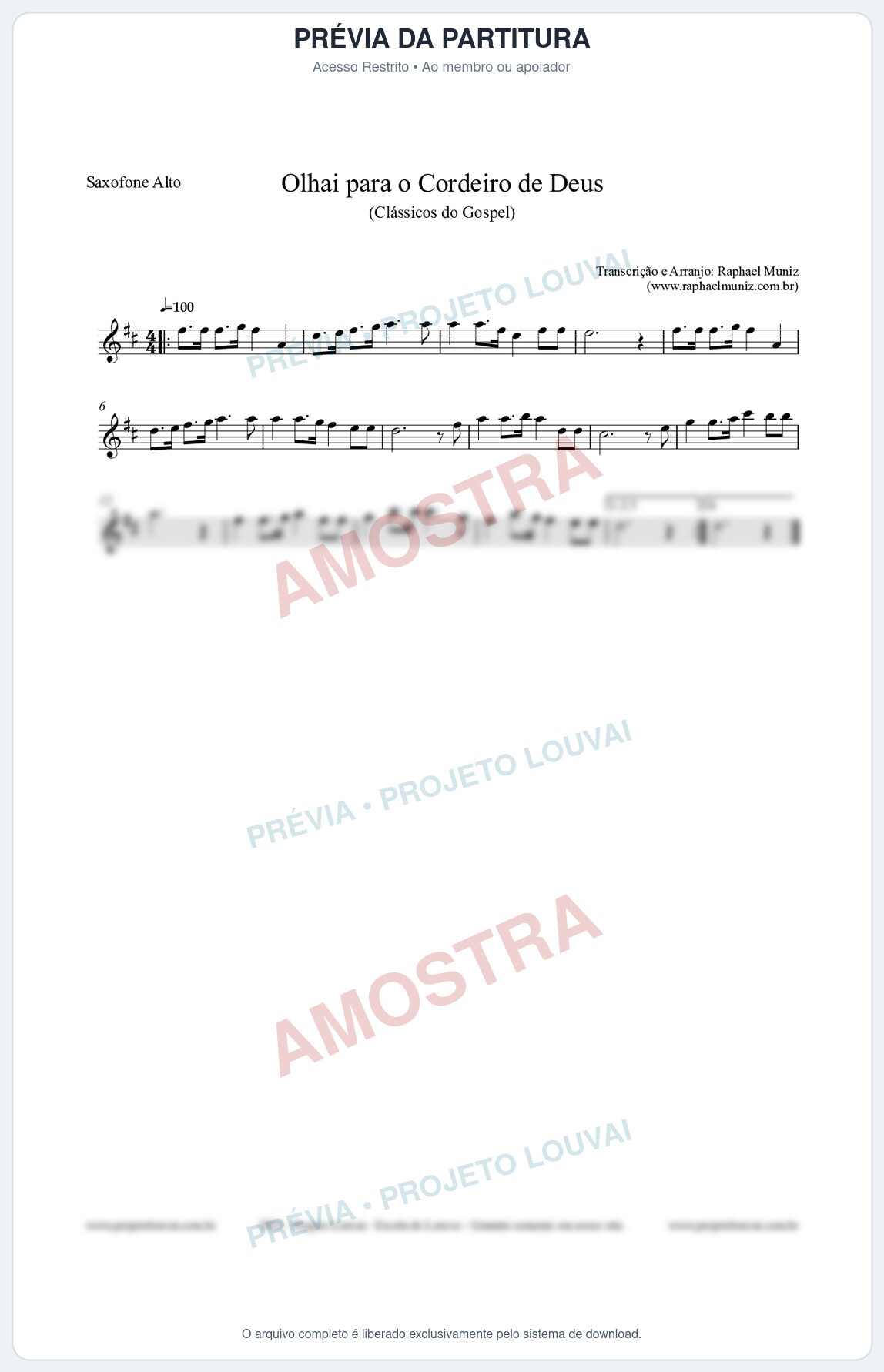 Prévia protegida da primeira página da partitura Partitura para Saxofone Alto - Olhai para o Cordeiro de Deus - Harpa Cristã nº20 - Clássicos do Gospel