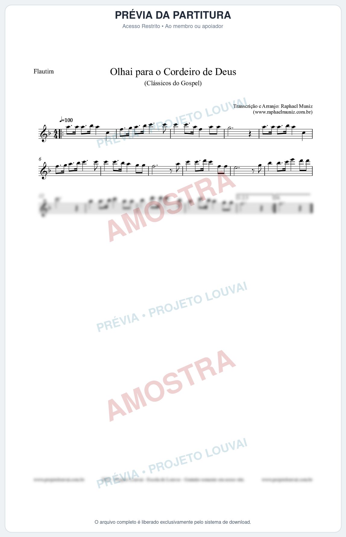 Prévia protegida da primeira página da partitura Partitura para Flautim - Olhai para o Cordeiro de Deus - Harpa Cristã nº20 - Clássicos do Gospel