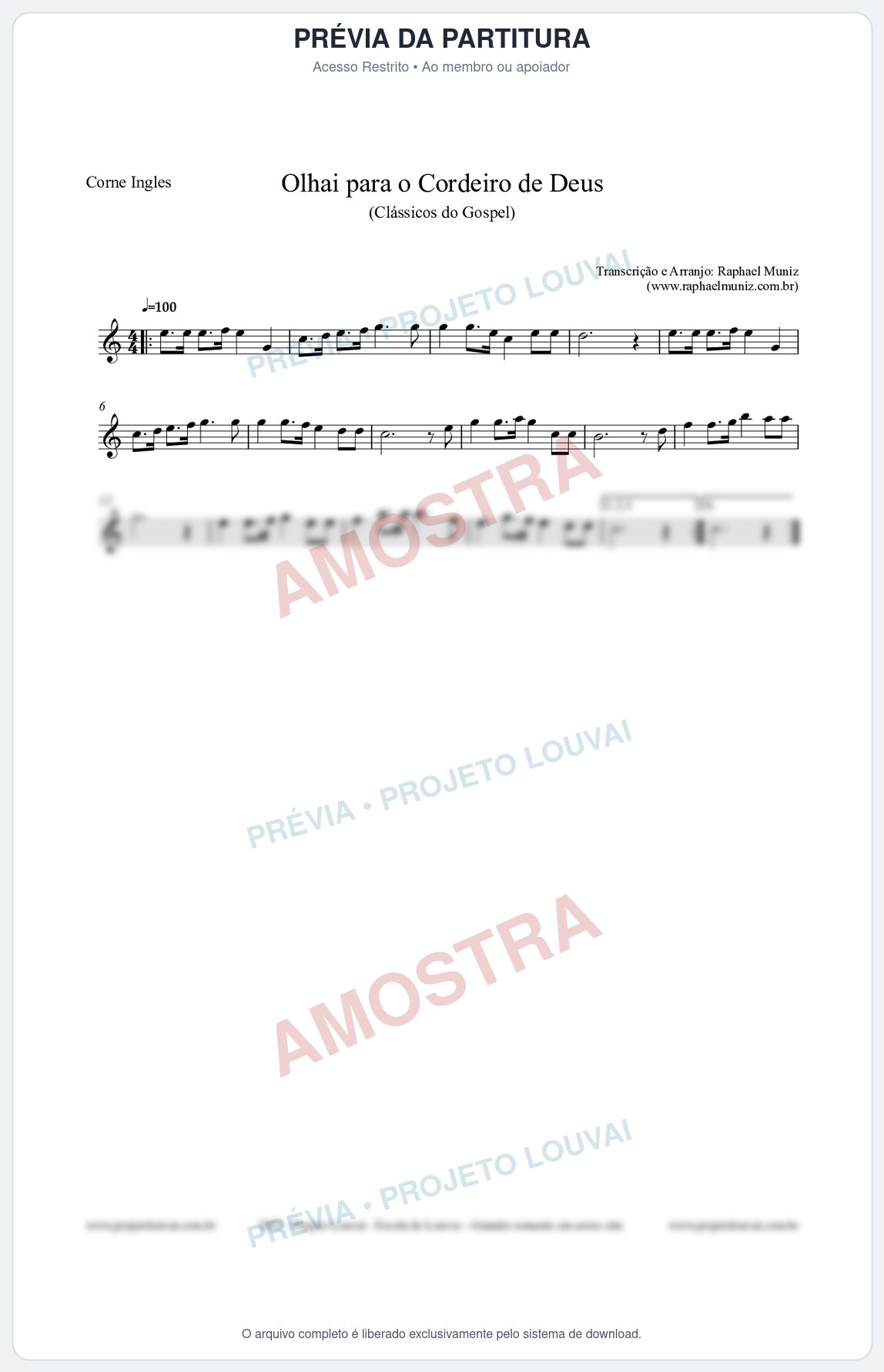 Prévia protegida da primeira página da partitura Partitura para Corne Inglês - Olhai para o Cordeiro de Deus - Harpa Cristã nº20 - Clássicos do Gospel