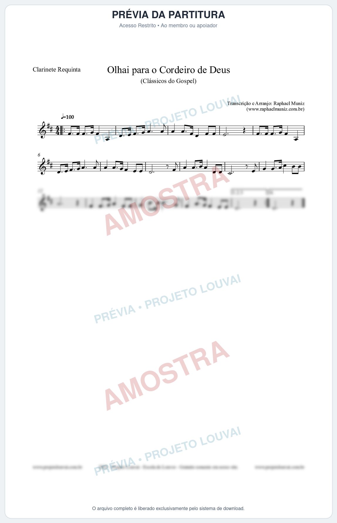 Prévia protegida da primeira página da partitura Partitura para Clarinete Requinta - Olhai para o Cordeiro de Deus - Harpa Cristã nº20 - Clássicos do Gospel