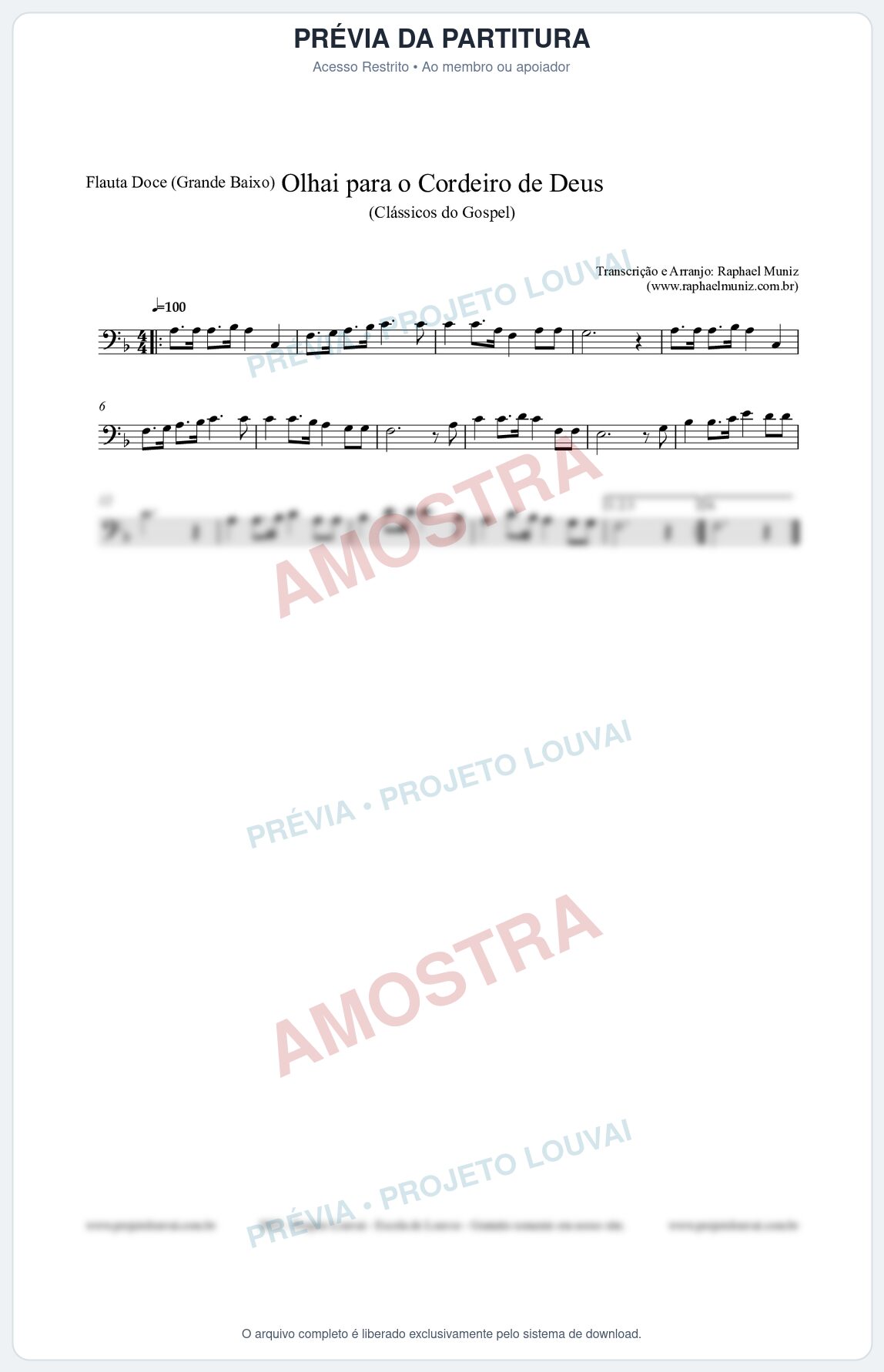 Prévia protegida da primeira página da partitura Partitura para Flauta Doce (Grande Baixo) - Olhai para o Cordeiro de Deus - Harpa Cristã nº20 - Clássicos do Gospel