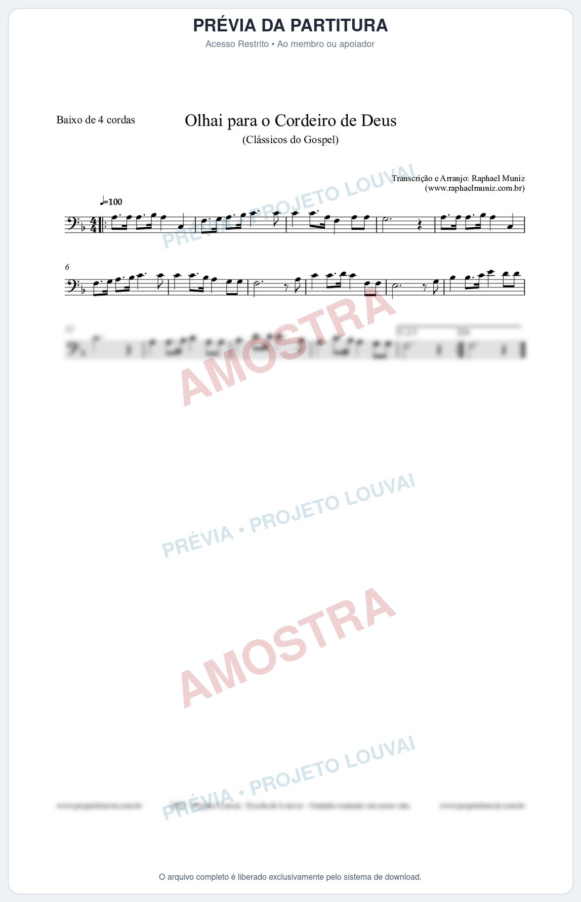 Prévia protegida da primeira página da partitura Partitura para Baixo de 4 cordas - Olhai para o Cordeiro de Deus - Harpa Cristã nº20 - Clássicos do Gospel