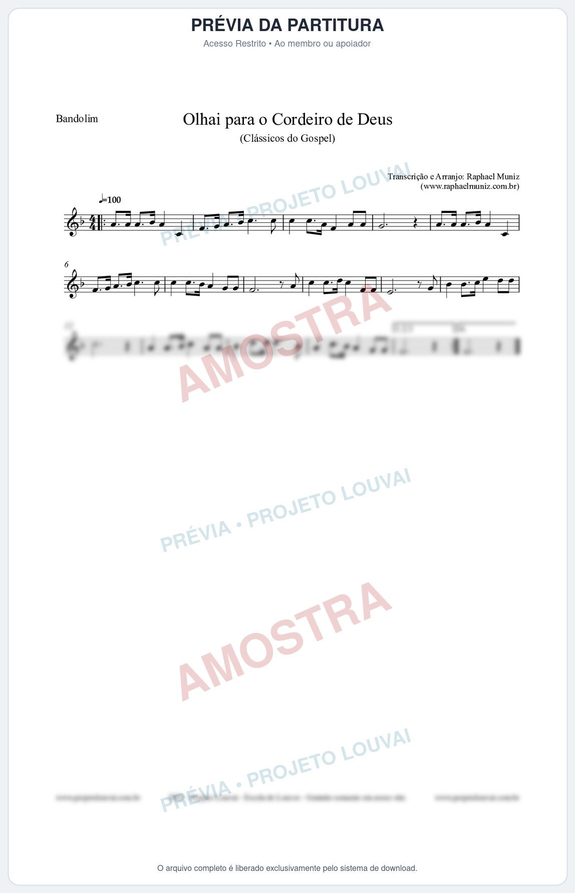Prévia protegida da primeira página da partitura Partitura para Bandolim - Olhai para o Cordeiro de Deus - Harpa Cristã nº20 - Clássicos do Gospel