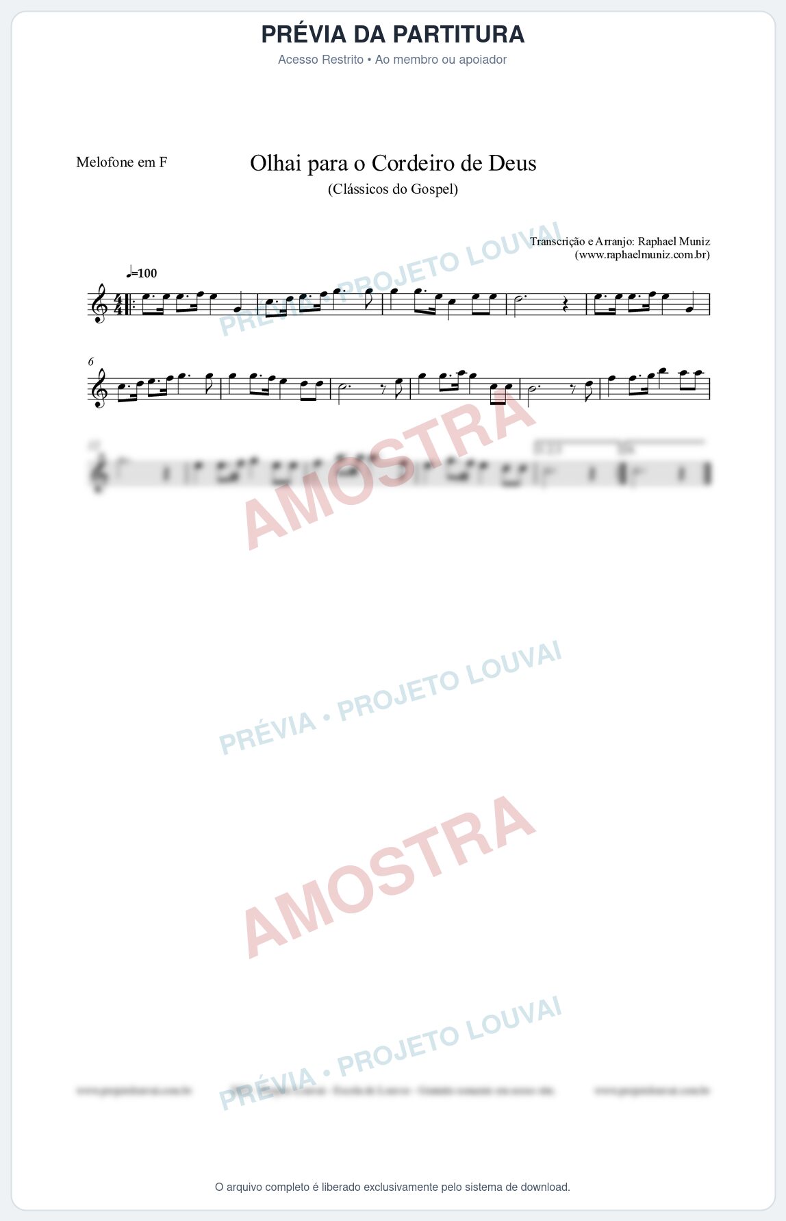 Prévia protegida da primeira página da partitura Partitura para Melofone em F - Olhai para o Cordeiro de Deus - Harpa Cristã nº20 - Clássicos do Gospel