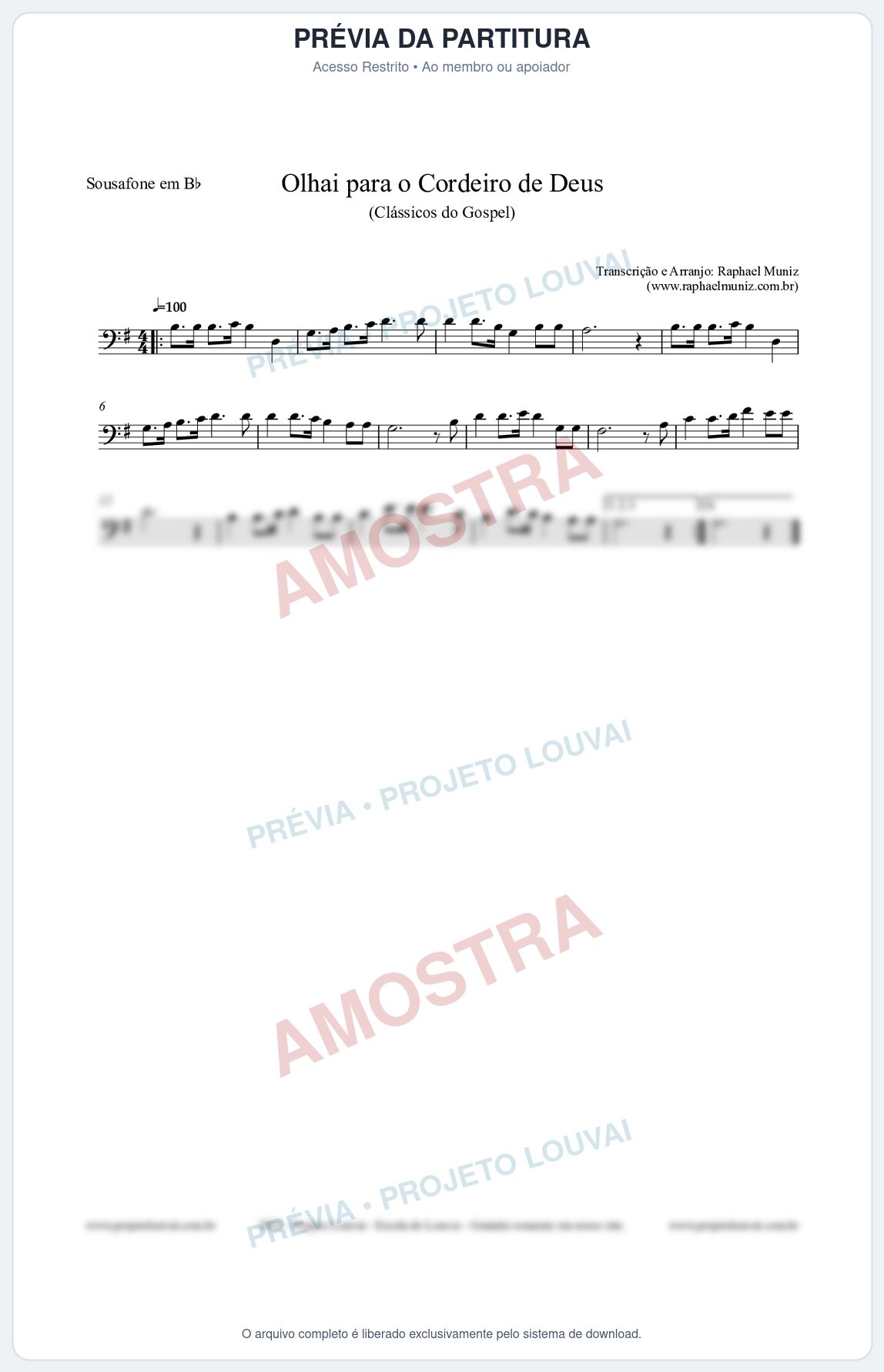 Prévia protegida da primeira página da partitura Partitura para Sousafone em Bb - Olhai para o Cordeiro de Deus - Harpa Cristã nº20 - Clássicos do Gospel