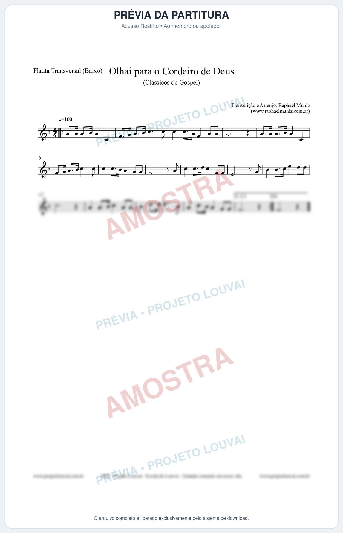 Prévia protegida da primeira página da partitura Partitura para Flauta Transversal (Baixo) - Olhai para o Cordeiro de Deus - Harpa Cristã nº20 - Clássicos do Gospel