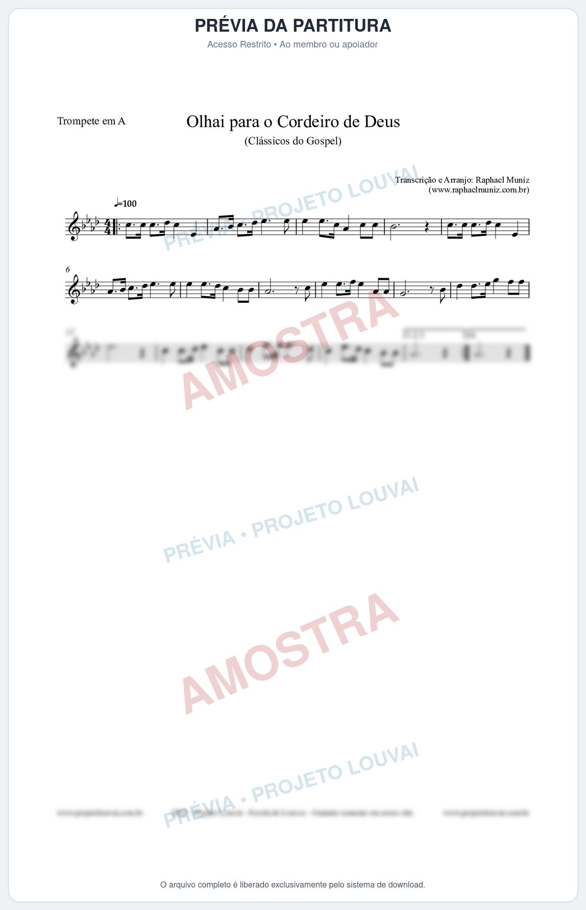Prévia protegida da primeira página da partitura Partitura para Trompete em A - Olhai para o Cordeiro de Deus - Harpa Cristã nº20 - Clássicos do Gospel