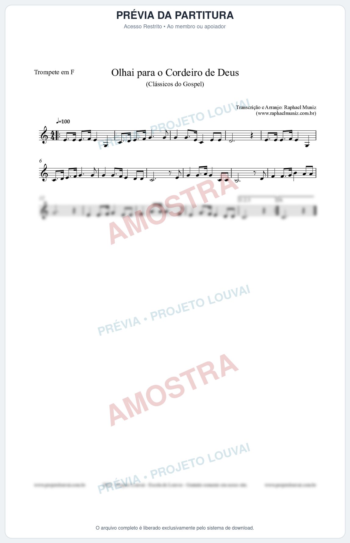 Prévia protegida da primeira página da partitura Partitura para Trompete em F - Olhai para o Cordeiro de Deus - Harpa Cristã nº20 - Clássicos do Gospel