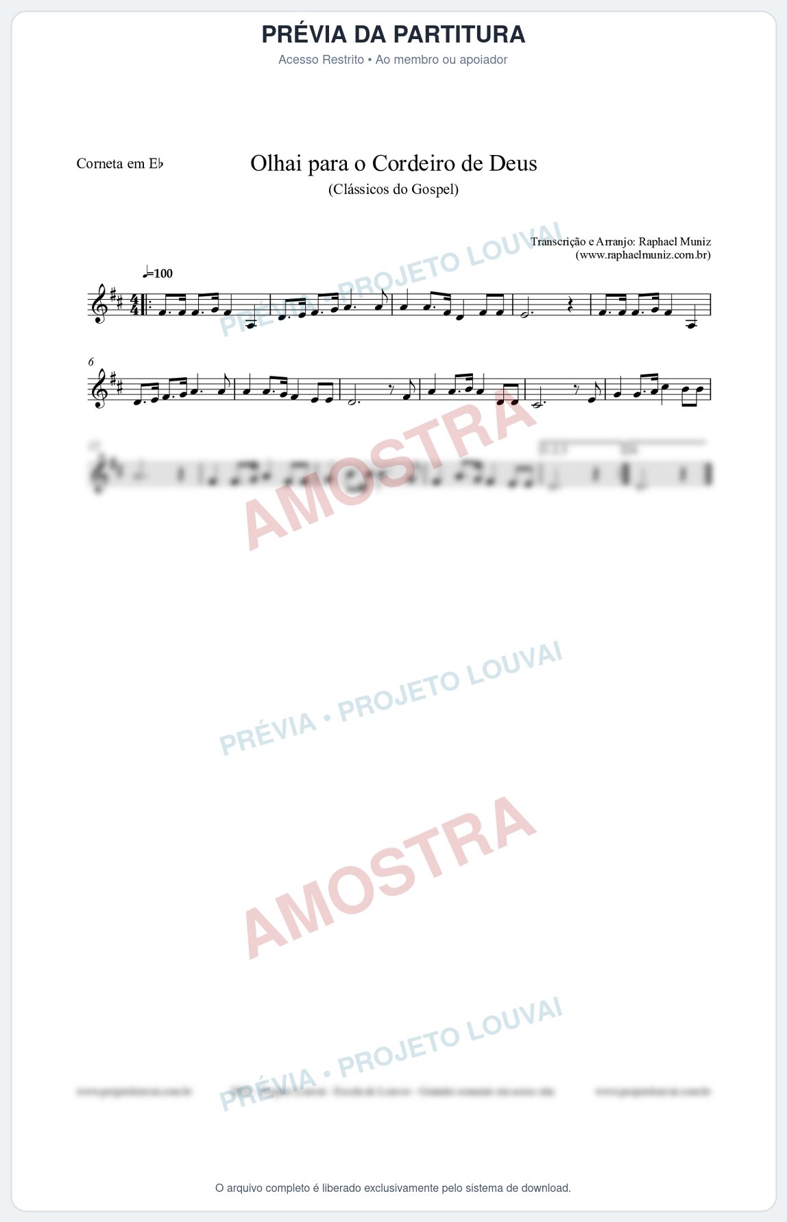 Prévia protegida da primeira página da partitura Partitura para Corneta em Eb - Olhai para o Cordeiro de Deus - Harpa Cristã nº20 - Clássicos do Gospel