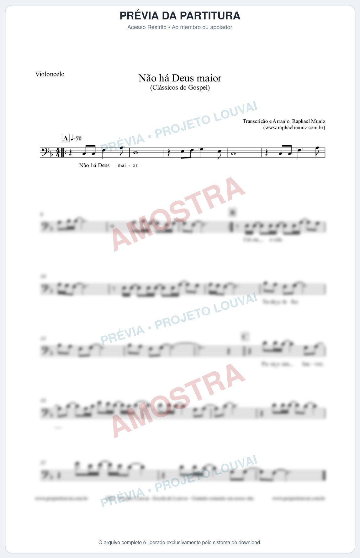 Prévia protegida da primeira página da partitura Partitura para Violoncelo - Não há Deus maior - Clássicos do Gospel
