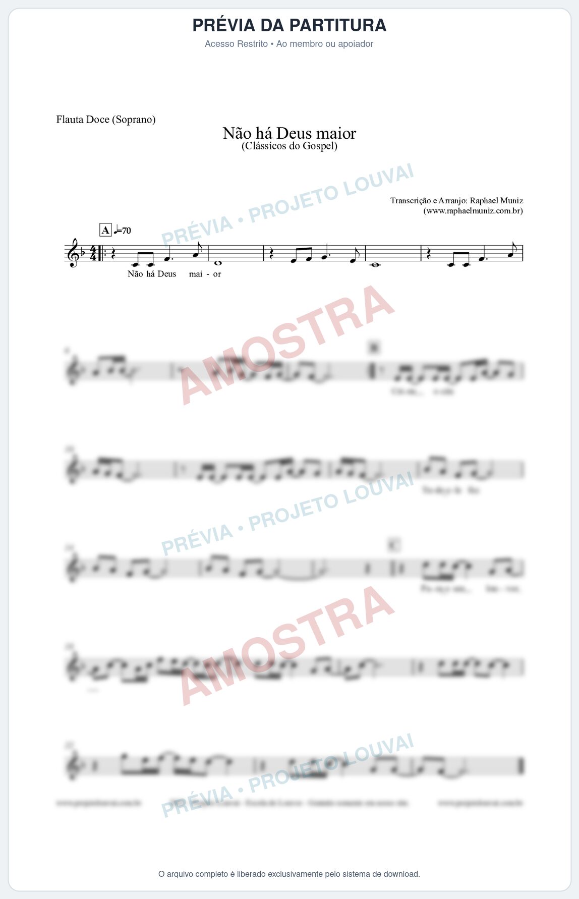 Prévia protegida da primeira página da partitura Partitura para Flauta Doce (Soprano) - Não há Deus maior - Clássicos do Gospel